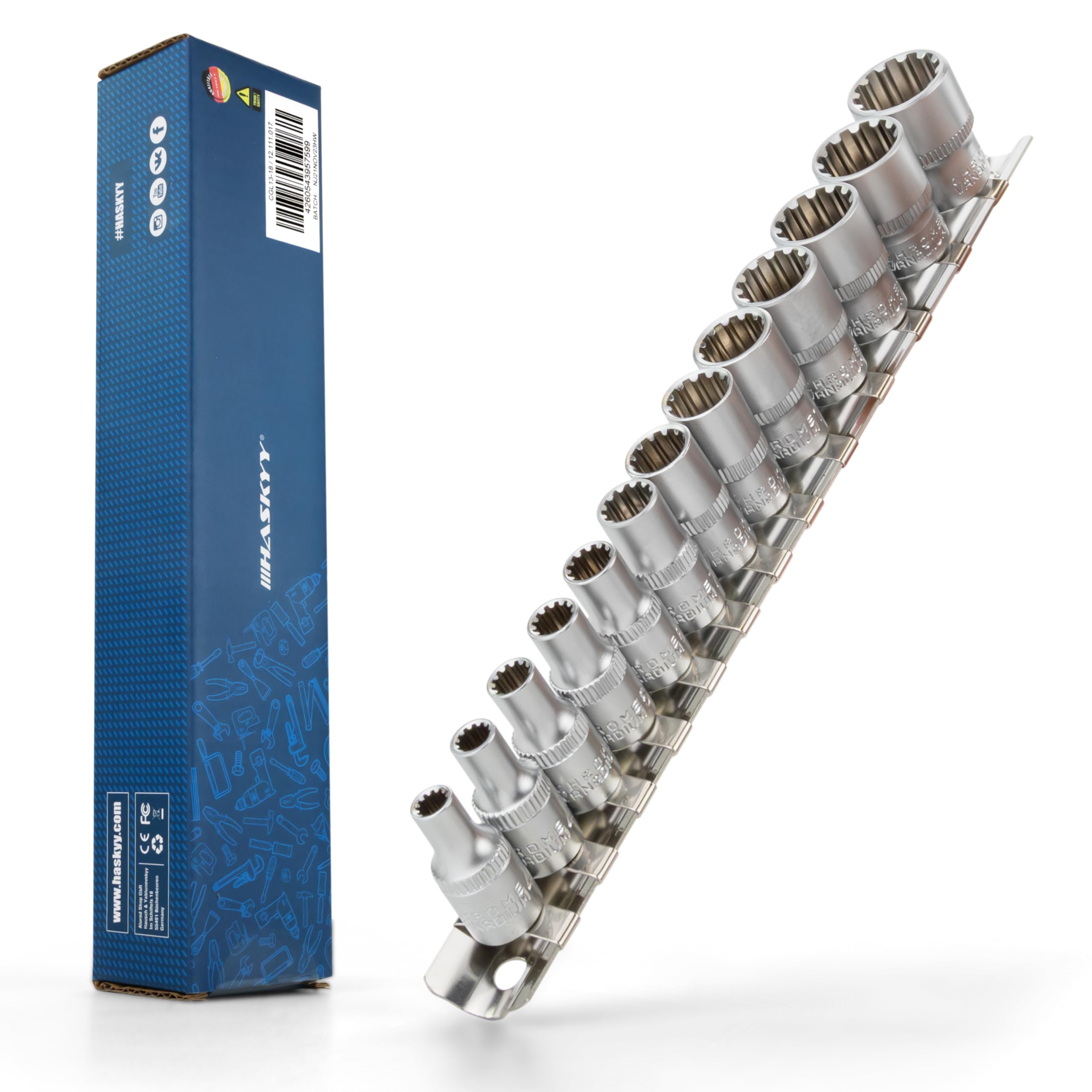 HASKYY Juego de Llaves de Vaso de 1/4" de 13pzs | Juego de Llaves de Dados de 4-14mm | Juego de Llaves Torx 6-12 Lados| Dentada en Pulgadas eProfile