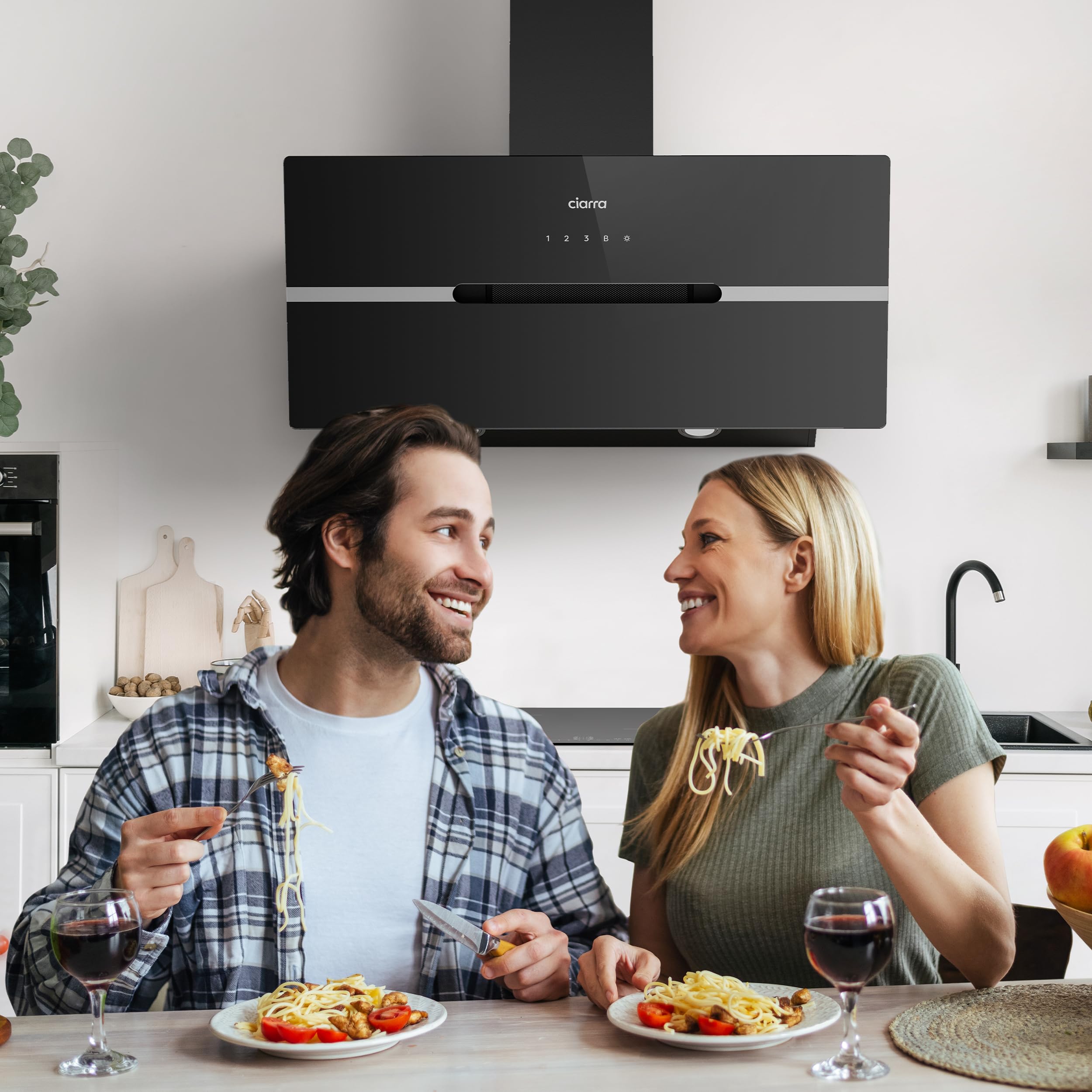 CIARRA CBCB9736F Hotte Aspirante Inclinée 90 cm 650m³/h - Classe A+++ - Filtre à Charbon Inclus - WiFi & Commande Tactile- 3 Vitesses et Fonction Boost - LED Dimmable - Noire
