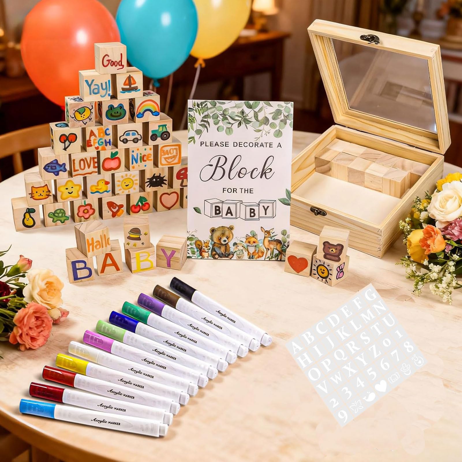 YWBL-WH Set di Giochi per Blocchi per Baby Shower, Kit di Pittura per Blocchi di Legno Vuoti, 48 Pennarelli, Modelli di Segni per la Decorazione, attività di Souvenir per Feste