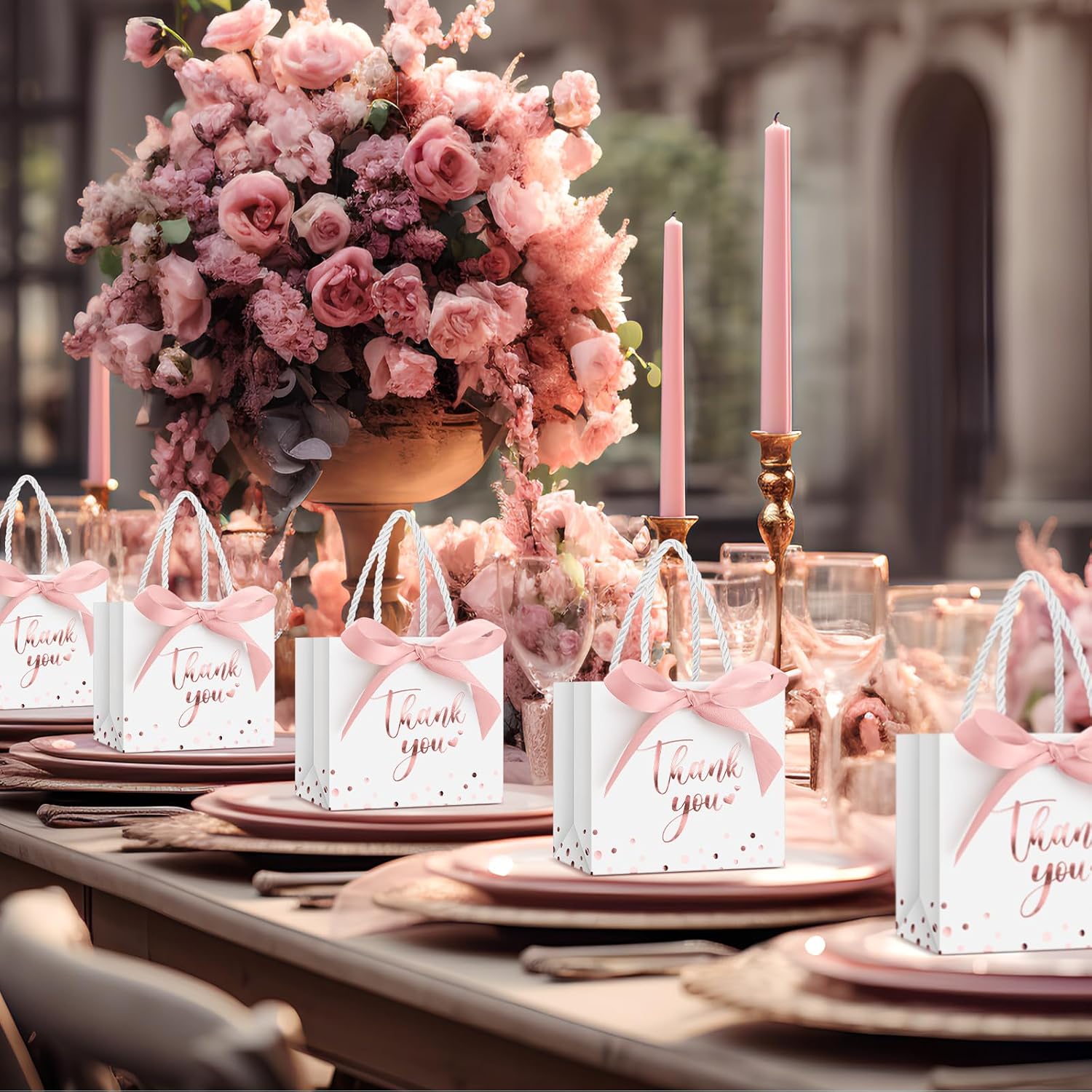 Jetec 45 Pcs Mini Paper Gift Bag Bulk 5.5 x 4.7 x 2.5'' Small Thank You Favor Bag with Handle Bow Ribbon for Valentine Wedding Baby Bridal Shower Birthday Anniversary Party(White/rose Gold) - Image 5