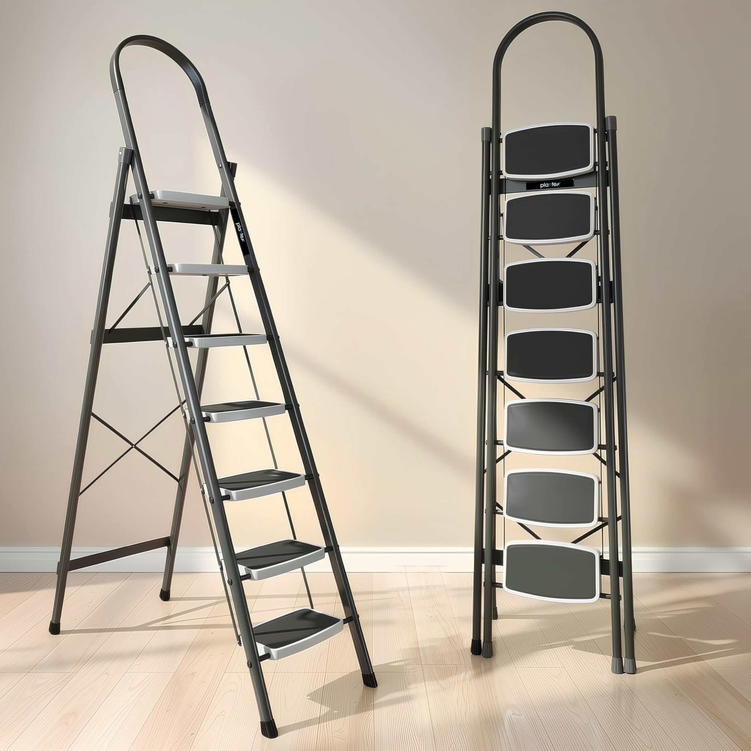 Steel 7 Step Ladder for Home/Wide Anti Skid 7 Step Ladder Foldable/5 Year Manufacturer Warranty (Gray & White)