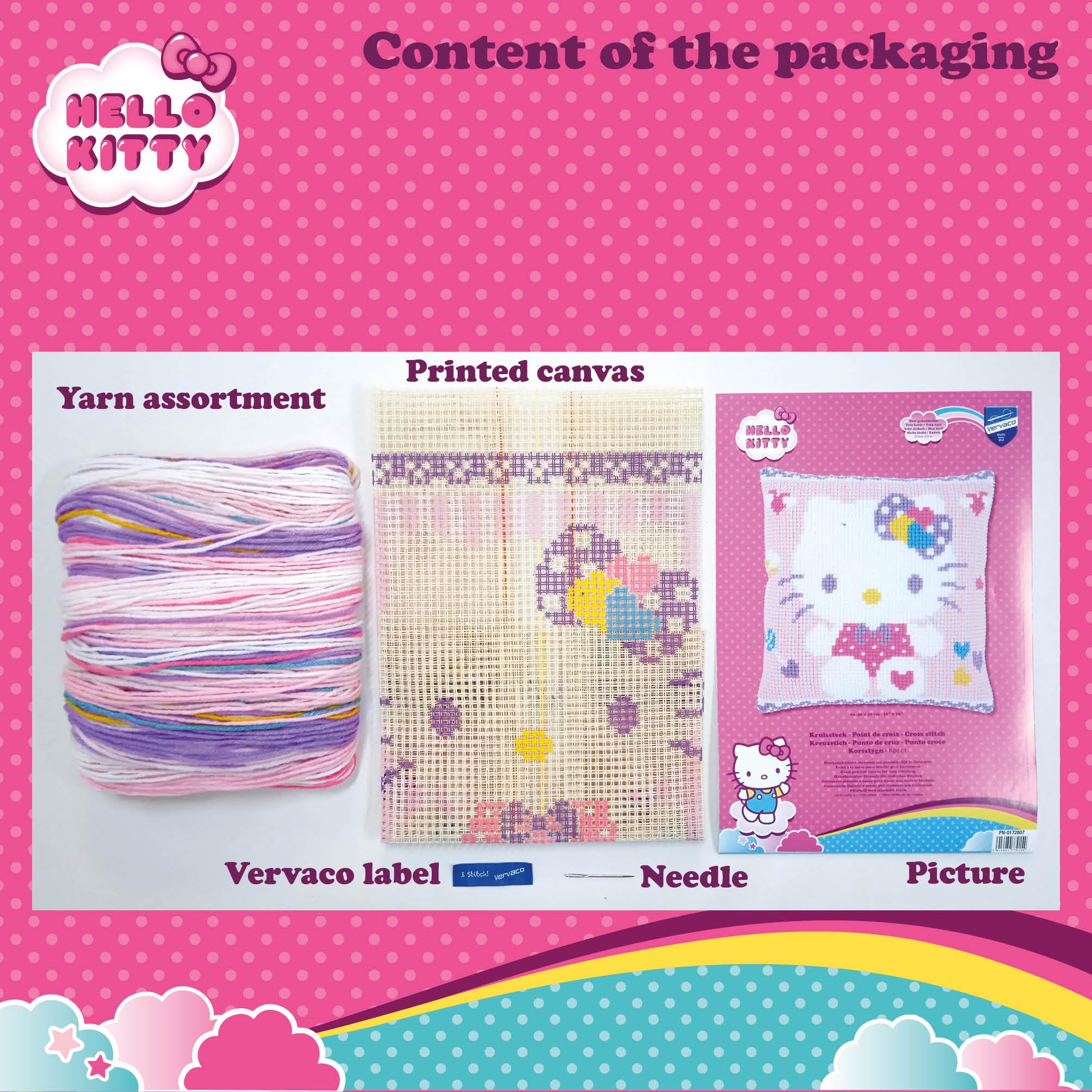 VERVACO Kit Cuscino Punto Croce CIAO KITTY PASTELLO Set Ricamo Principianti Cuscini Gobelin Decorativi ca. 40 x 40 cm Accessori Per Lavoretti Creativi DIY Casa Decor Hobby Adulti Cross Stitch