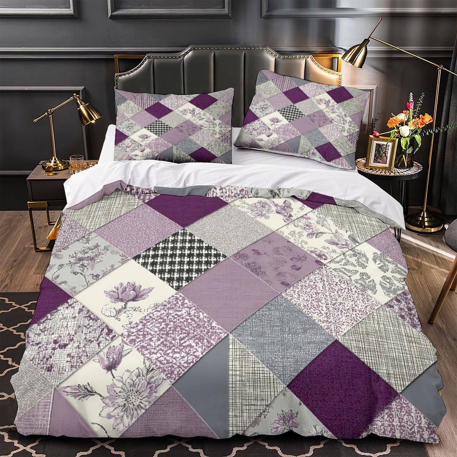 VOXYTMLWG 3D Print 3-Piece Bedding Set Bedroom Decor Super Purple Patchwork Duvet Cover Breathable Anti-allergic for Youth,Boys,Teenagers Vintage Floral Comforter Cover Single（135x200cm）