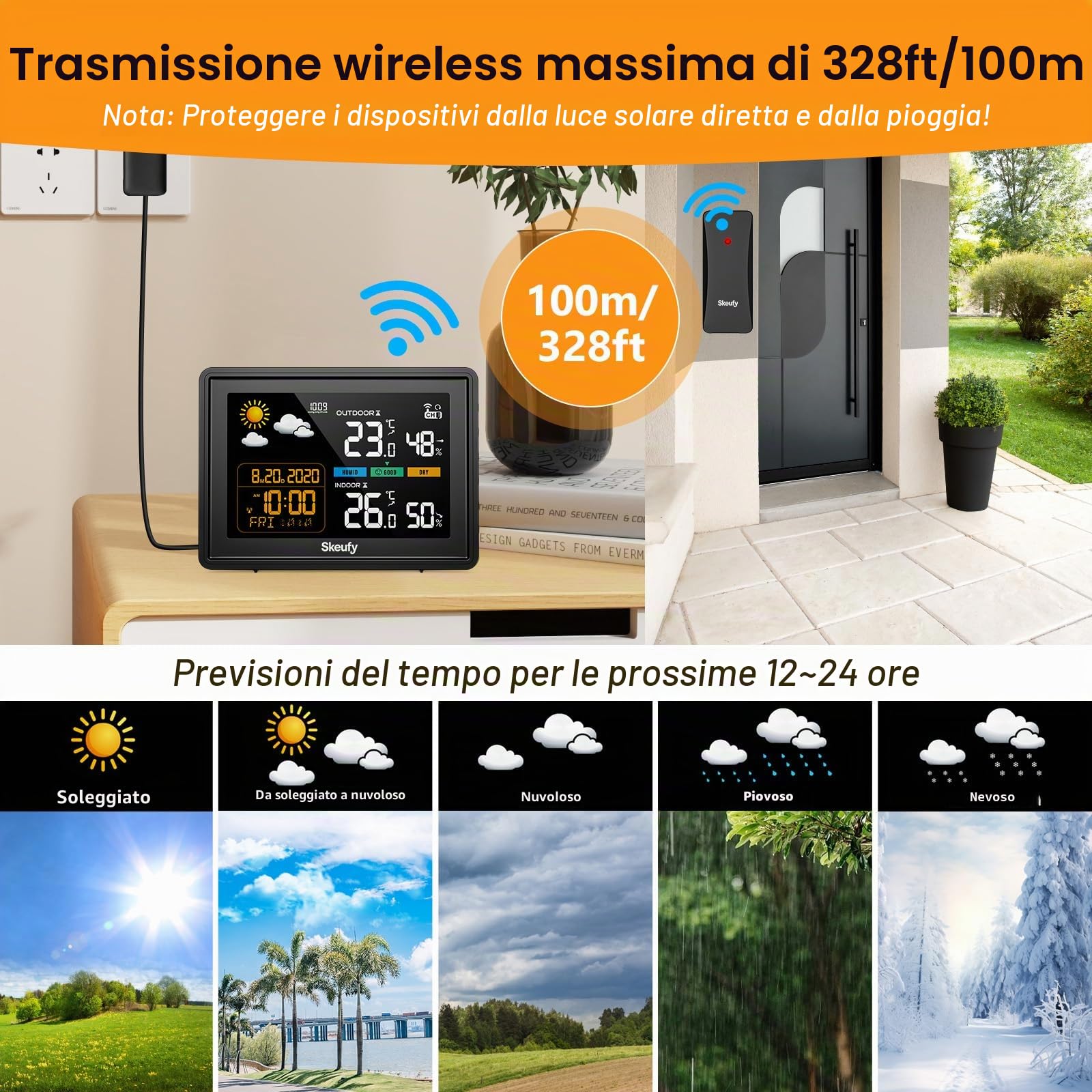 Skeufy Stazione meteo e radio con sensore esterno, temperatura interna ed esterna, umidità, previsioni meteo, barometro, display digitale a colori, orologio radio DCF