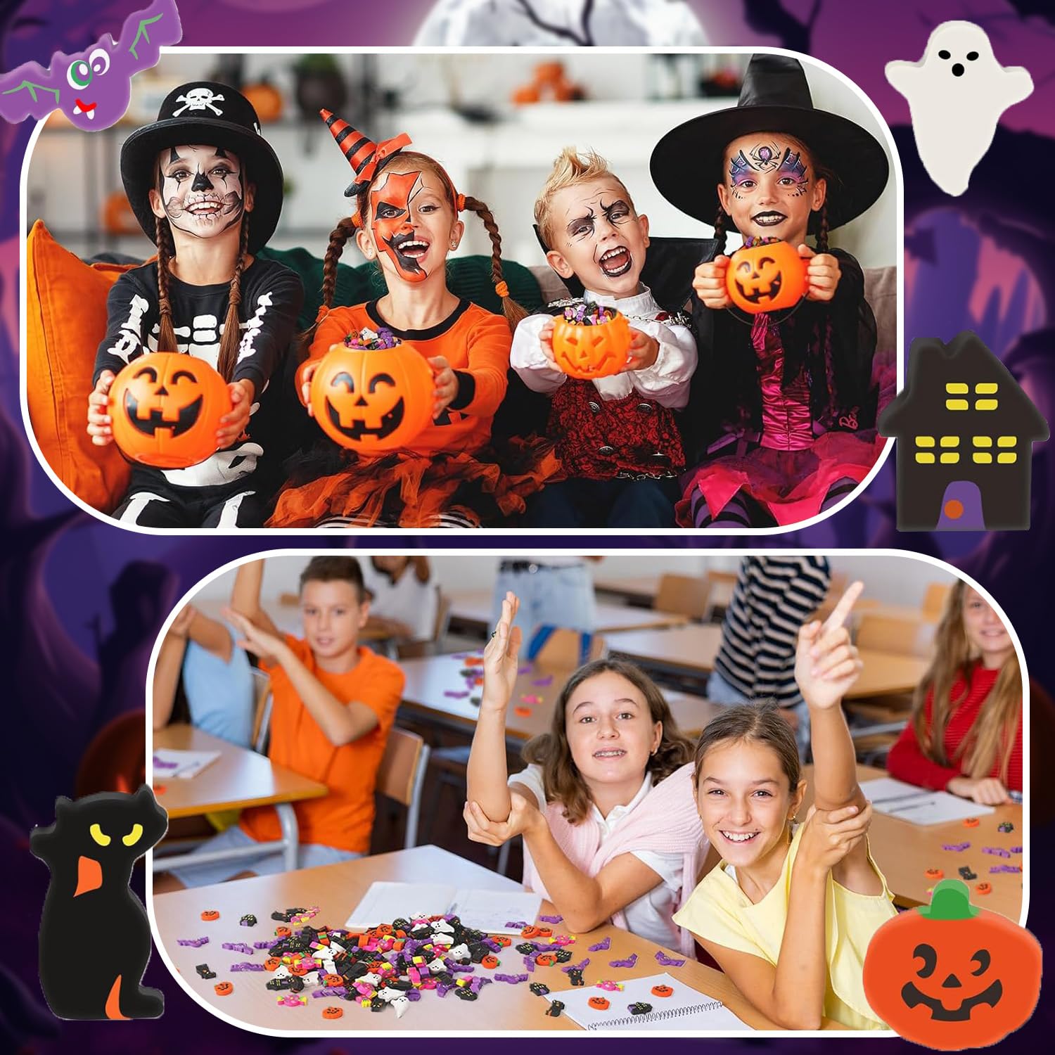 Mini gomme da cancellare di Halloween per bambini, a forma di zucca, dolcetto o scherzetto per feste di Halloween, mini premi decorativi per la scuola, 100 pezzi