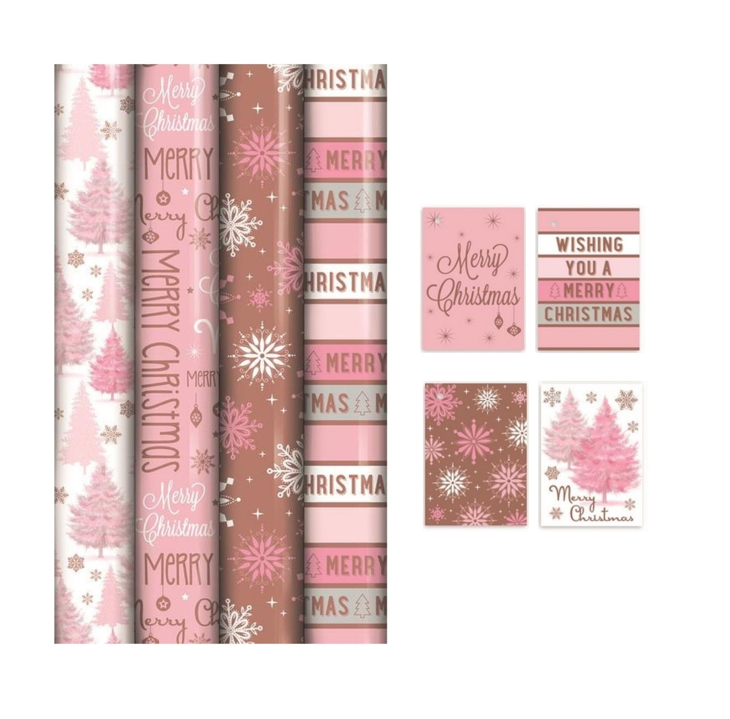 4 Rolls Of 8M Blush Pink Gift Wrapping Paper - Rose Gold Wrap - Pink Mix Festive Paper - 8M x 70CM With 20 Matching Festive Tags Ideal For The festive Season