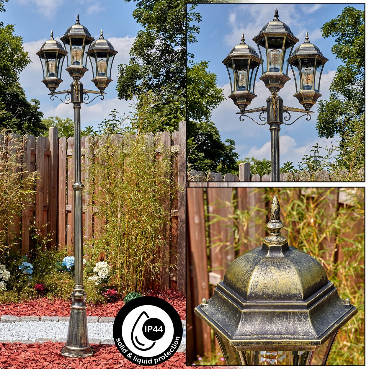 Etoe kandelabr, zewnętrzna lampa chodnikowa wykonana z metalu/szkła w kolorze czarnymno-złotym/przezroczystym, antyczny/dom wiejski, lampa do ogrodu/tarasu, wysokość 250 cm, 3 x E27, bez żarówki, IP44