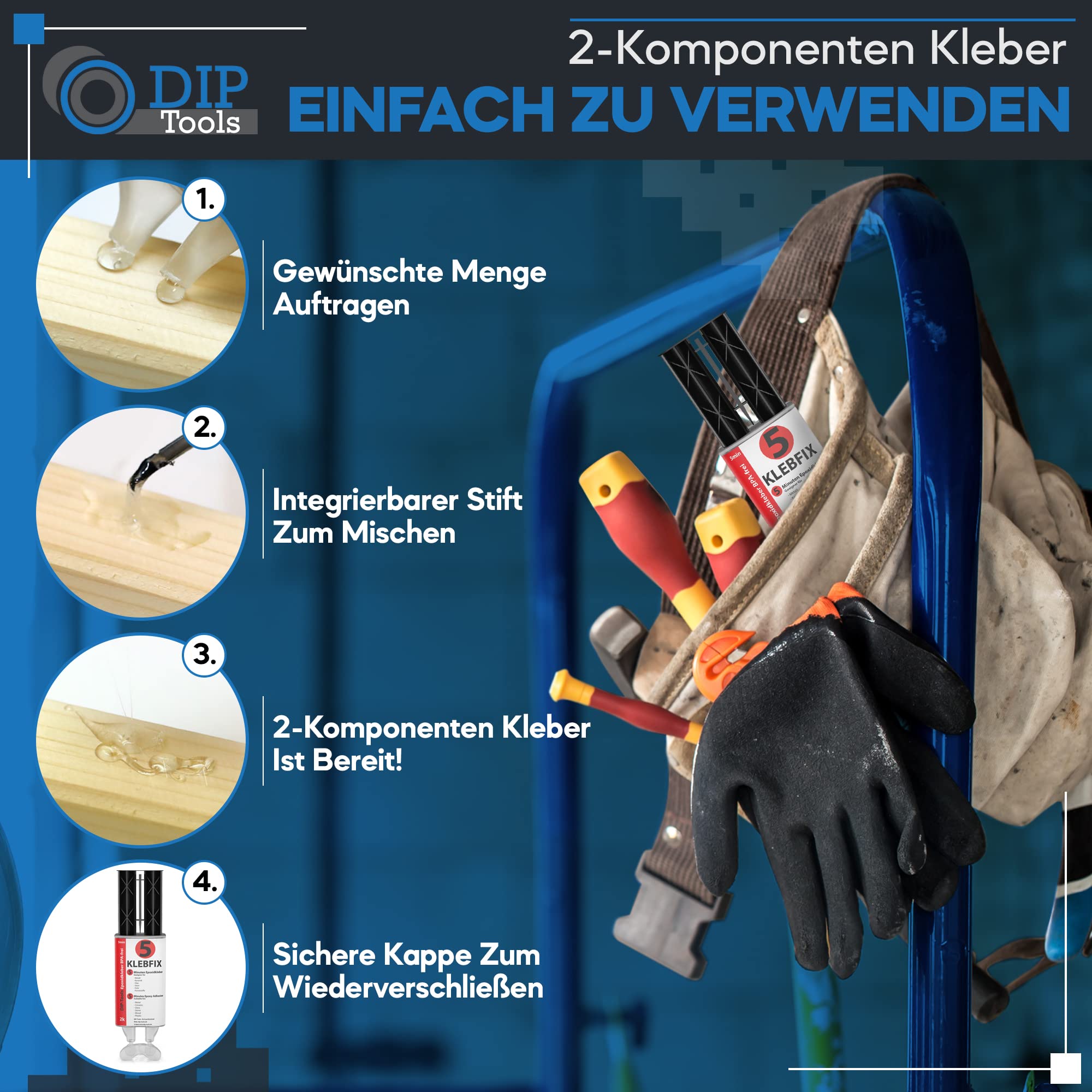 DIP-Tools Wiederverschließbarer Epoxidharz 2k Kleber - 2 Komponenten Kleber, Epoxidharz mit Härter, Epoxy Resin - Metallkleber, Alleskleber (1x25ml)