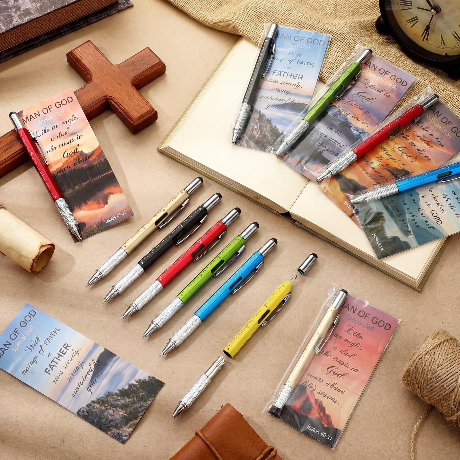 Tenceur 48 Set Father's Day Bulk Gifts for Church 6 in 1 Multi Tool Pen with Religious Bible Verse Bookmark Man of God Christian Gift for Men Church Prizes Husband Bible Study Supplies (Man of God)