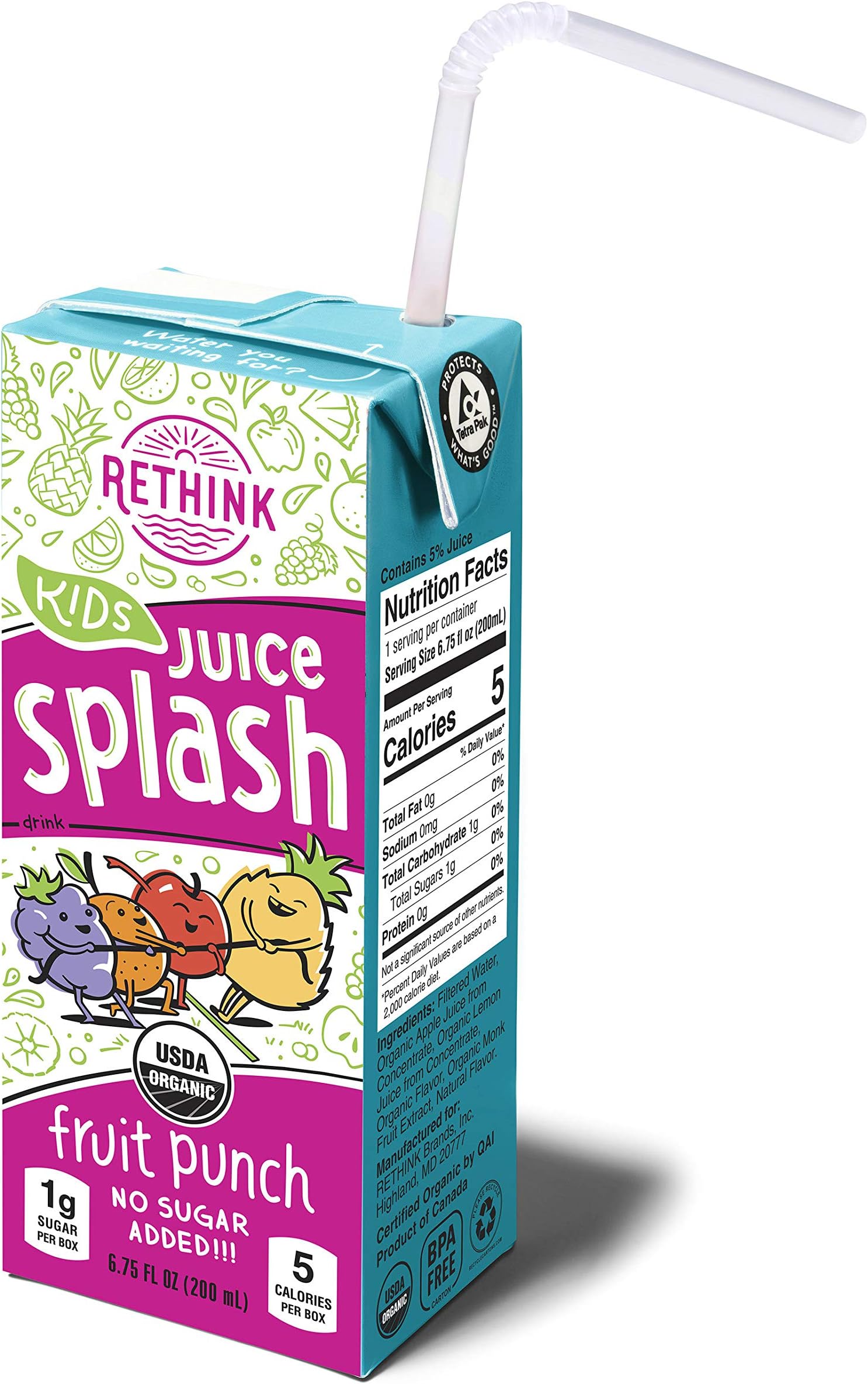 Rethink Kids Juice Splash Fruit Punch Low Sugar Kids Juice Drink -- Only 5 Calories and 1g of Sugar, Certified Organic, BPA Free, Recyclable (Pack of 32)