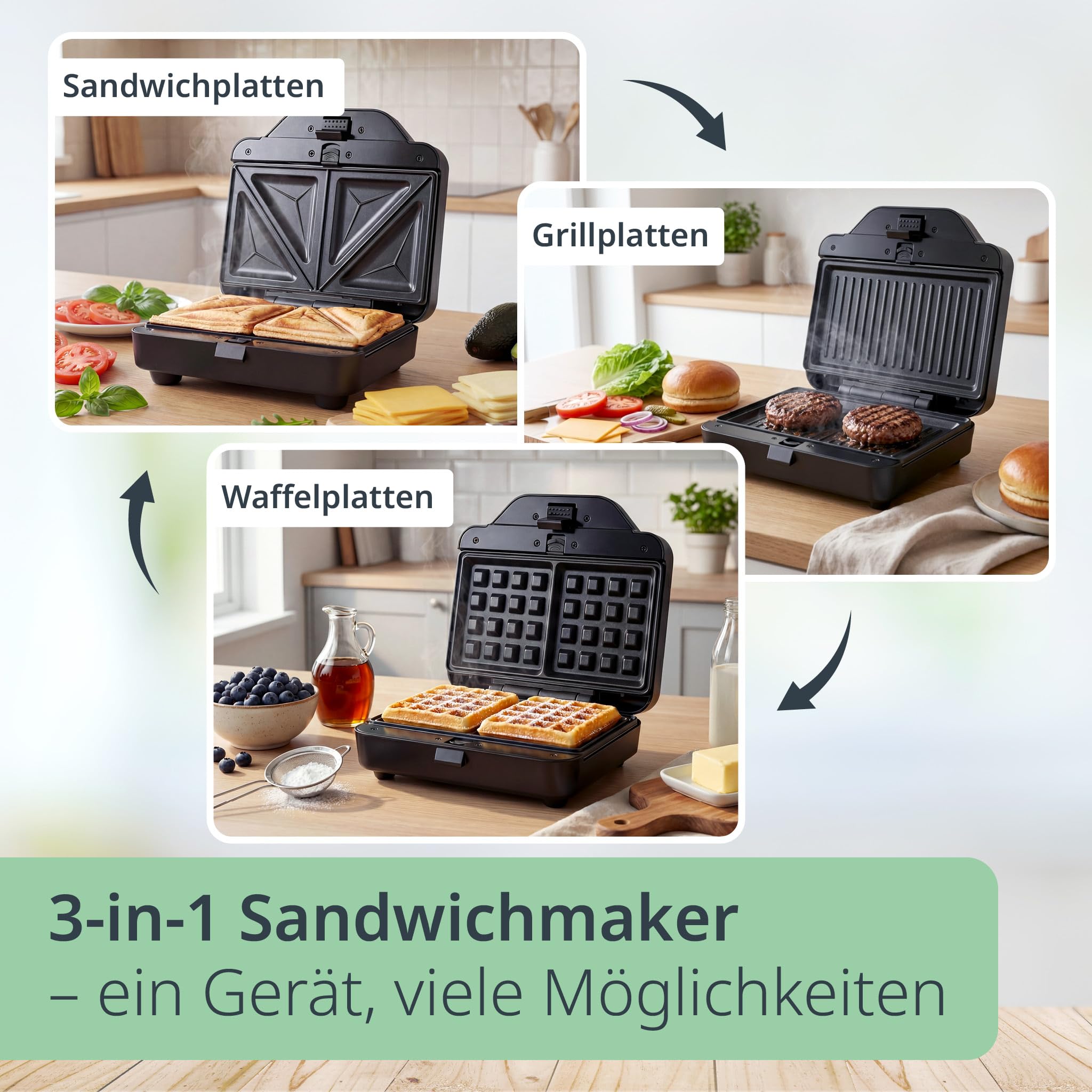 ADE 3-in-1 Sandwichmaker | Sandwichtoaster & Panini-Maker | 800W | Antihaft | Waffeleisen & Kontaktgrill mit 3 Wechselplatten | belgische Waffeln & goldbraune Toasts fürs Sonntagsfrühstück