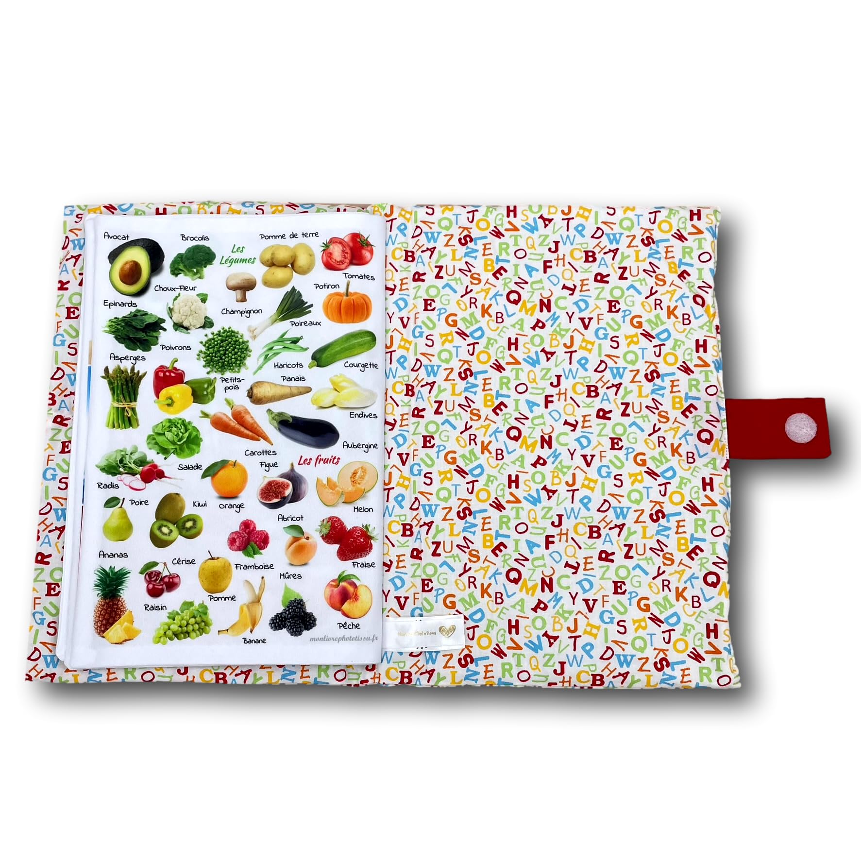 Livre d'éveil éducatif en tissu imagier photo Format A4 couverture Lettres, thèmes animaux, repas, véhicules, couleurs et mots
