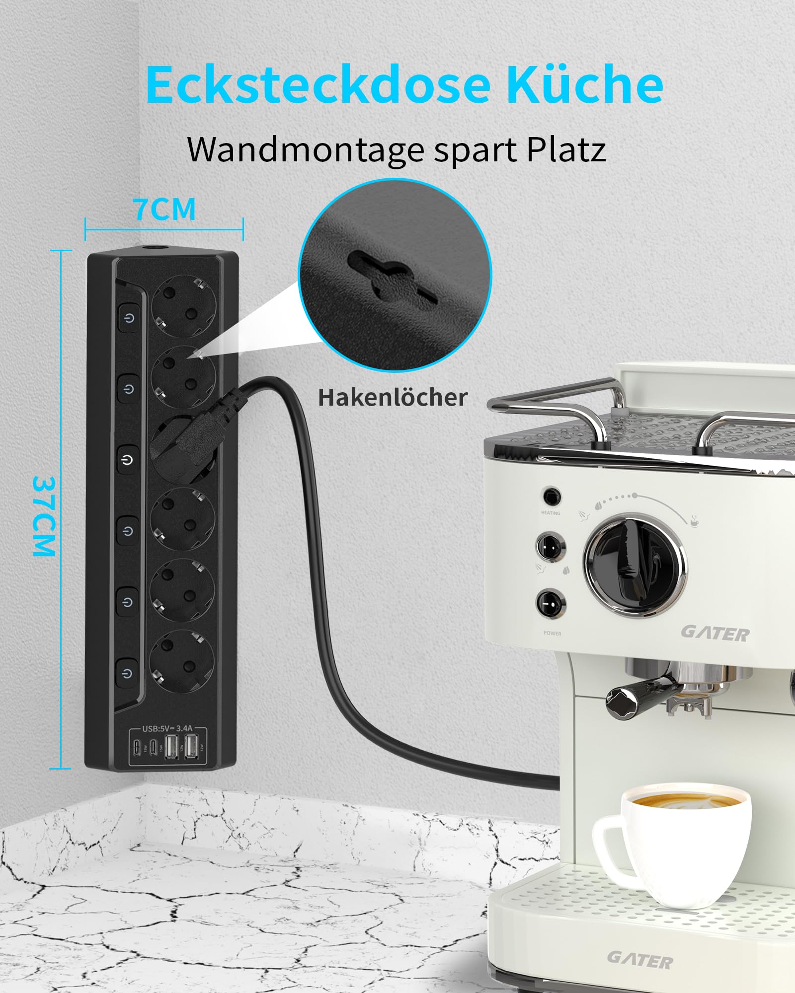 Ciabatta elettrica commutabile singola, presa multipla a 6 prese, con 4 porte USB (3680 W, 16 A), presa da tavolo 10 in 1 con cavo da 2 m, per casa e ufficio (nero)