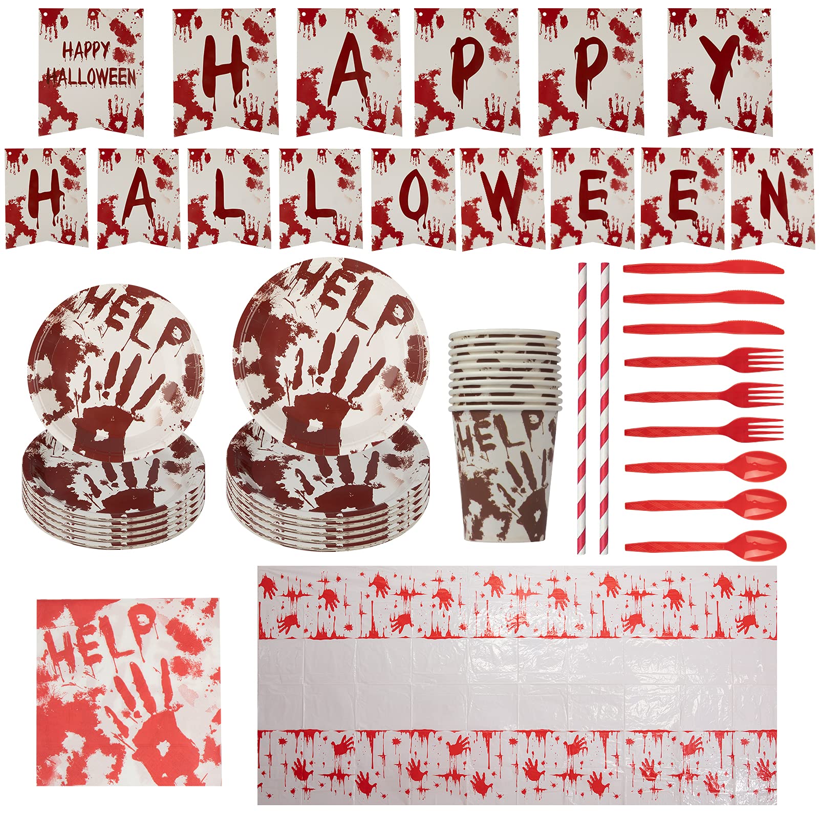 MISAZ 107 Pieces Halloween Party Supplies,Bloody Haunted Horror House Decorations,With Hand Prints Plates and Napkins Banner Kits,Scary Party Night Planning Props