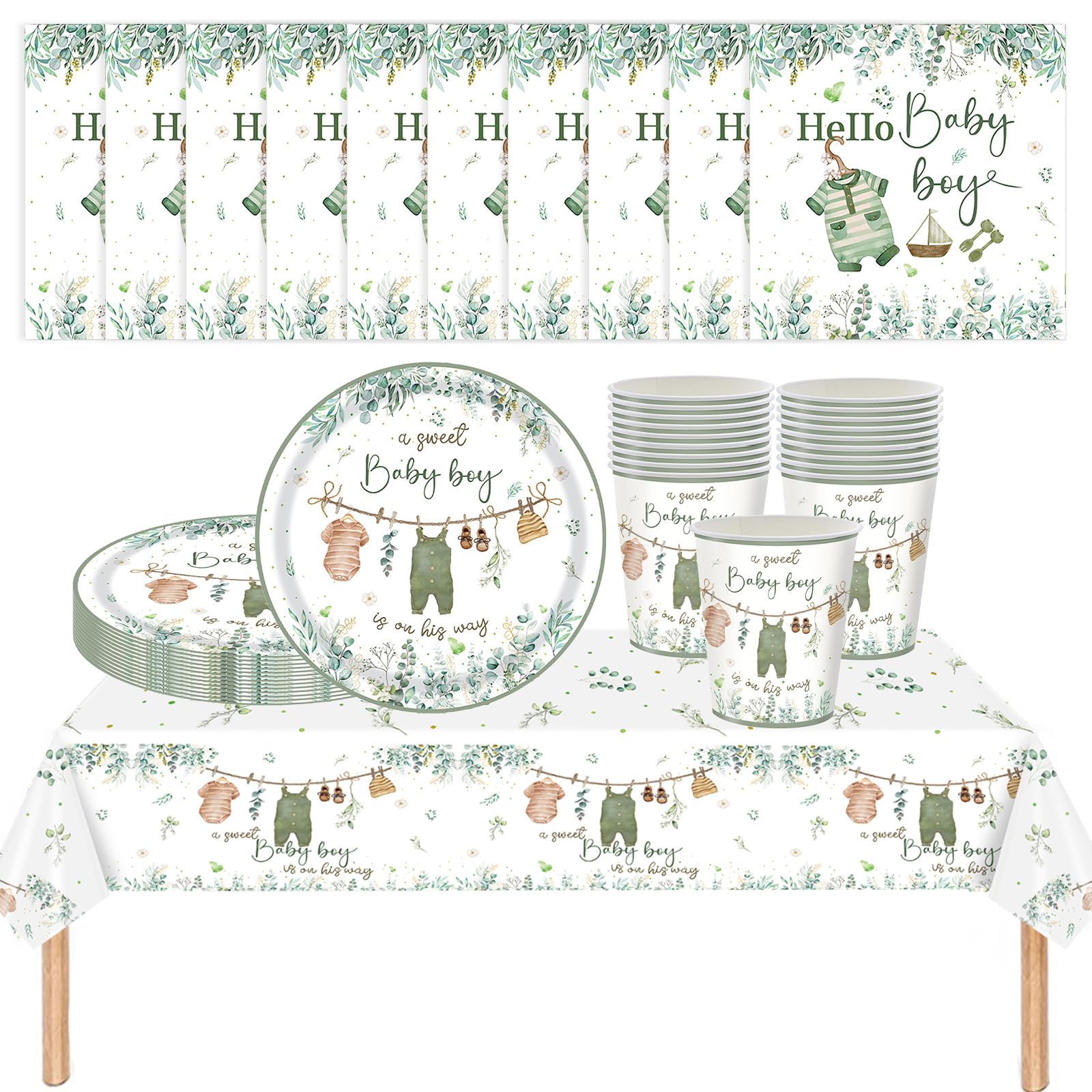 AURALIN Baby Boy Shower Tableware Set for 16 Guests, Sage Green Party Dinnerware with 16x9 Inch Plates, 16 Paper Cups, 20 Napkins and 137x274cm Tablecloth, 53P