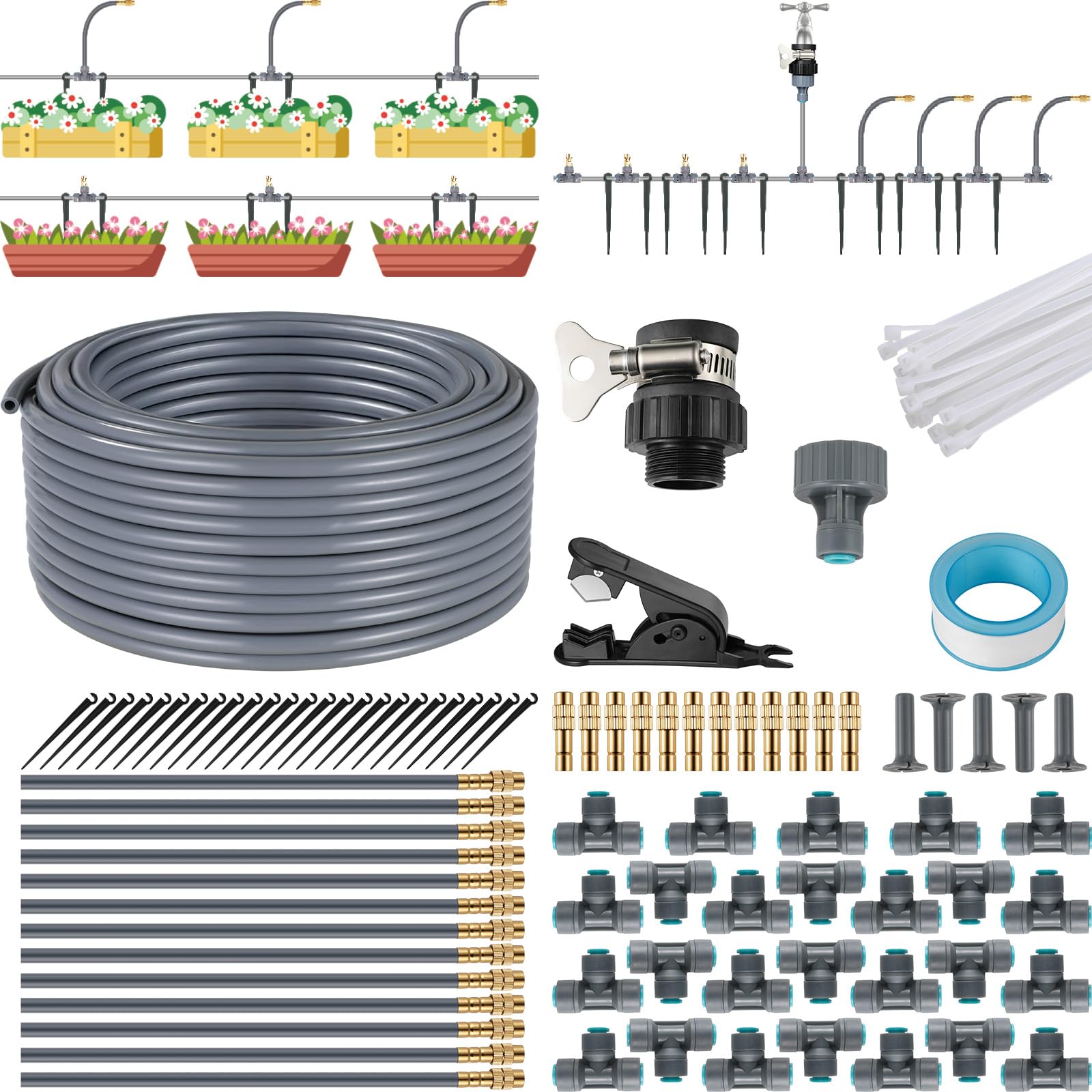 Système d'Irrigation Jardin 25M Tuyau, Brumisateur Terrasse,Buses en Laiton | Réglables à 360°, Kit Arrosage Micro Irrigation Goutte à Goutte et de brumisation pour Pelouse Serre et Potager, ⌀6mm