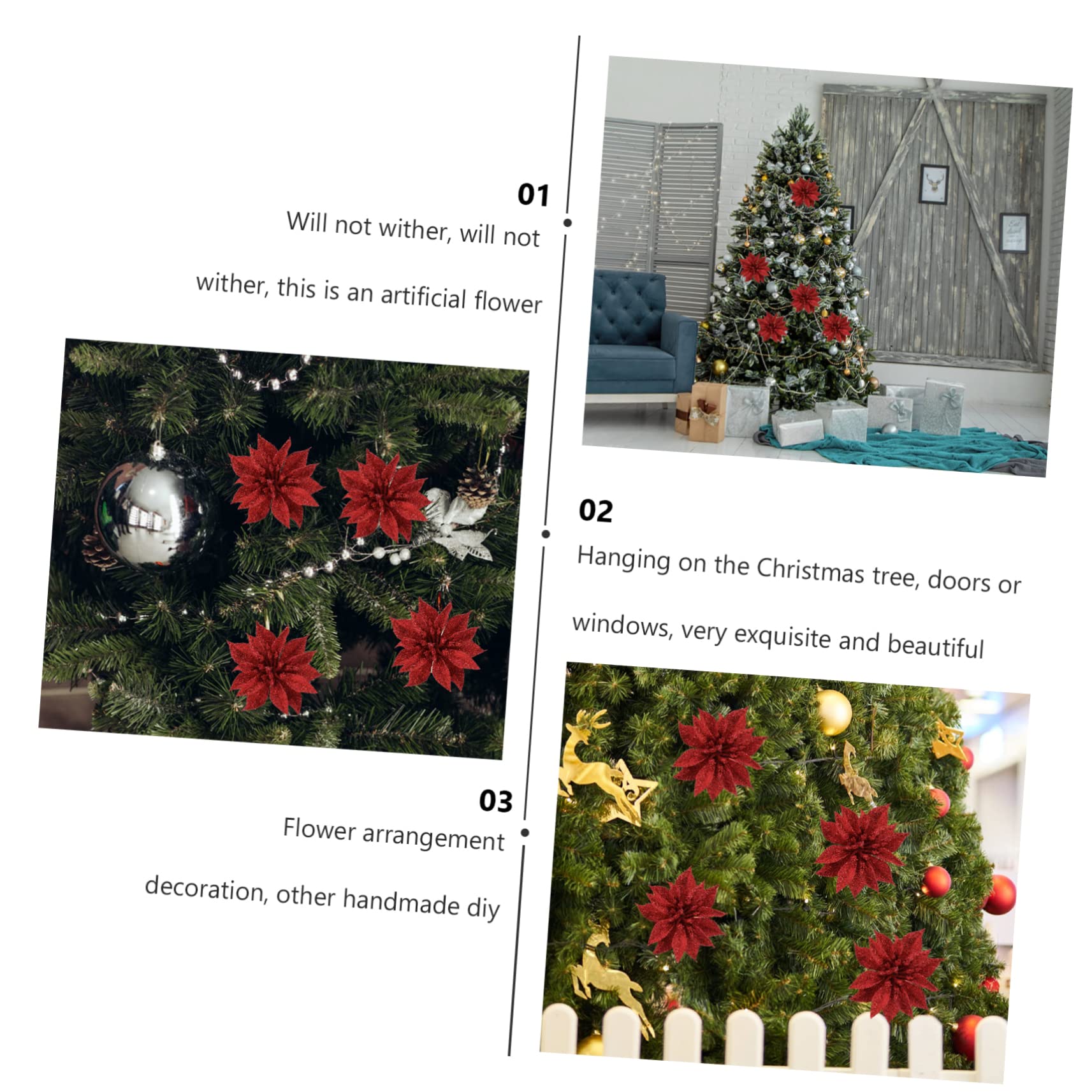 Pendentif De Noël Fleur en Tissu Rouge Paillettes 12 Pièces Décoration d'arbre De Noël Intérieure Et Extérieure Fournitures De Fête