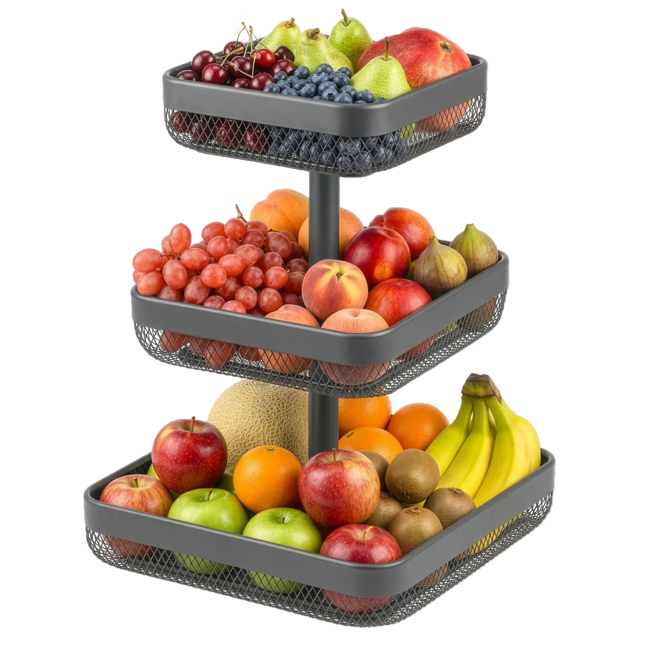 eluno étagère à fruits/corbeille à pain carrée à deux niveaux, 20 x 20 cm, 25 x 25 cm et 30 x 30 cm, corbeille à fruits, pour fruits, légumes, pain et en-cas dans la cuisine et le salon, en métal gris
