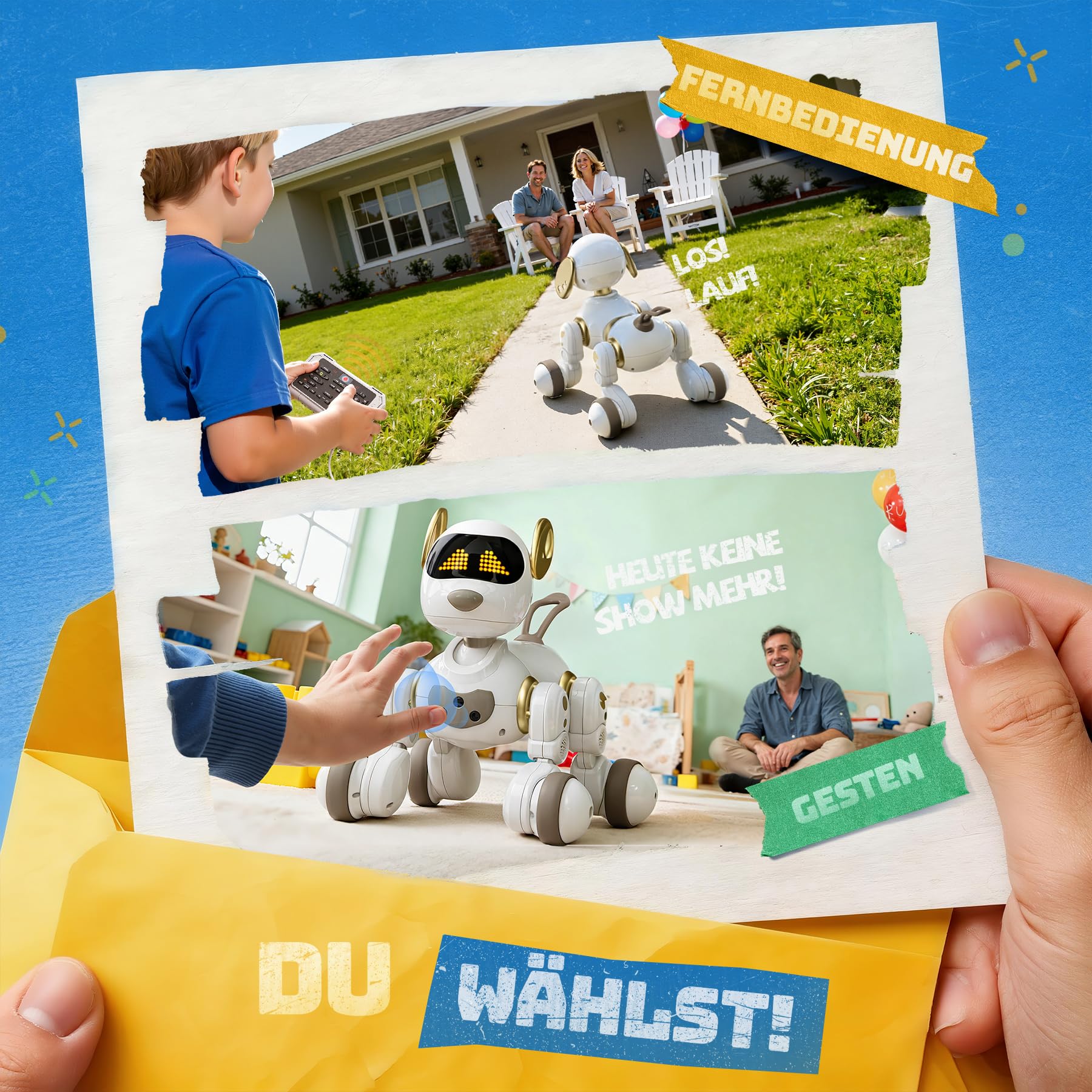Ruko 18011 Intelligenter Roboter Hund, Interaktiver Spielzeughund mit 30 LED-Ausdrücken, 20 Aktionen & 50 programmierbaren Befehlen, Berührungssteuerung Roboter Kinder, ab 3 Jahren, Weiß-Gold