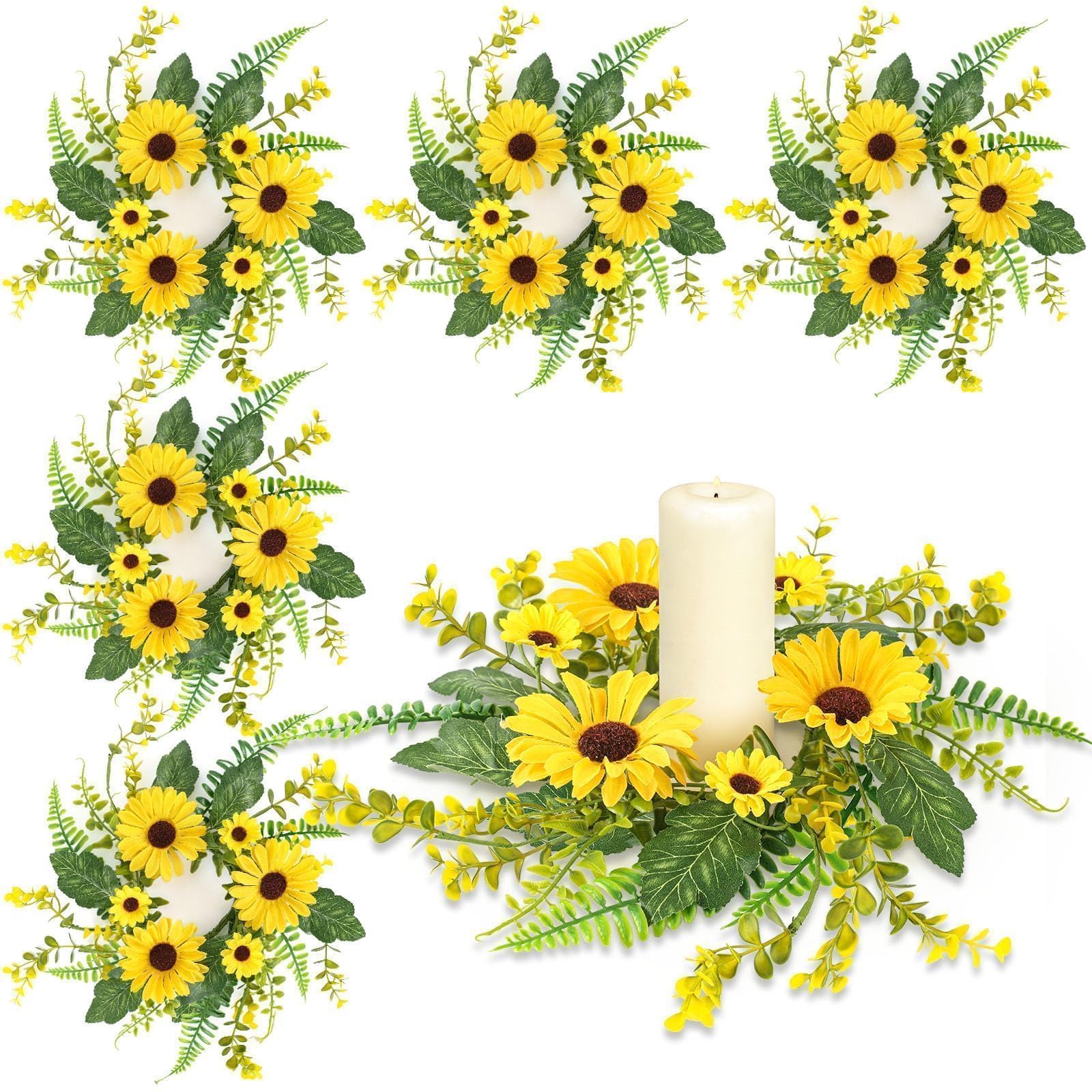 6Pcs Sunflower Wreath for Front Door Artificial Sunflower Spring Summer Table Centerpieces Wreath Fake Yellow Floral Candle Rings Wreaths for Pillars