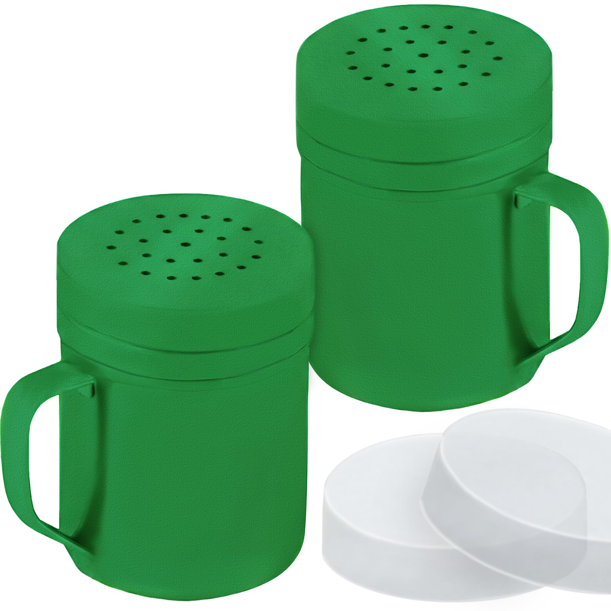 CUSINIUM 6oz Forest Green Stainless Steel Salt Pepper Dredge Shakers - With Plastic Cap - With Handle - Pack of 2