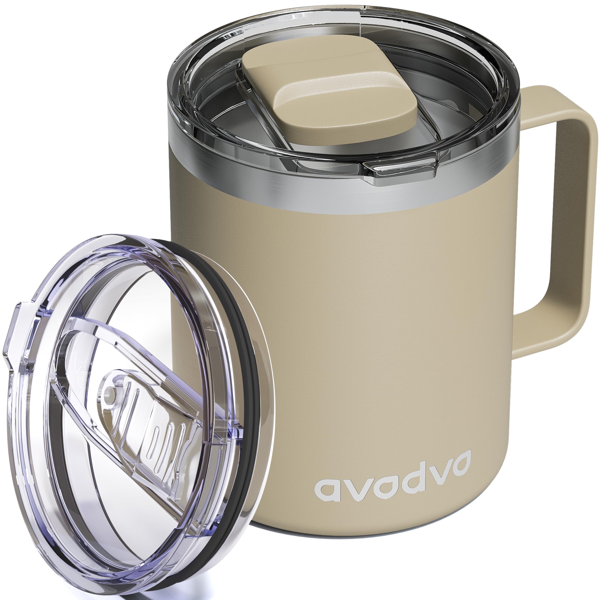 avodvo 12oz Insulated Coffee Mug with 2 Lids & Handle, Stainless Steel Cup | Keeps Drinks…