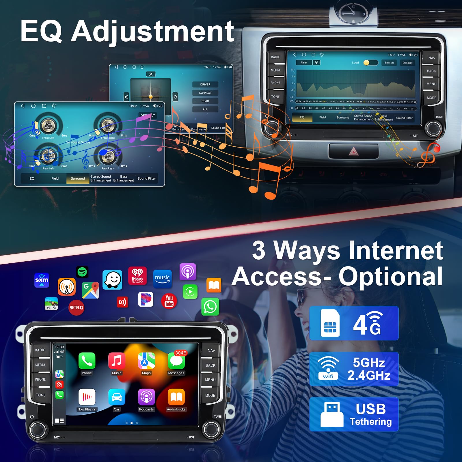 Android Autoradio mit Navi Bildschirm für VW Golf 5 6 Seat Passat, 8-Core 4GB+64GB Wireless Android Auto Carplay VW Radio, 7 Zoll VW Polo T5 Radio Bluetooth RDS FM GPS WiFi