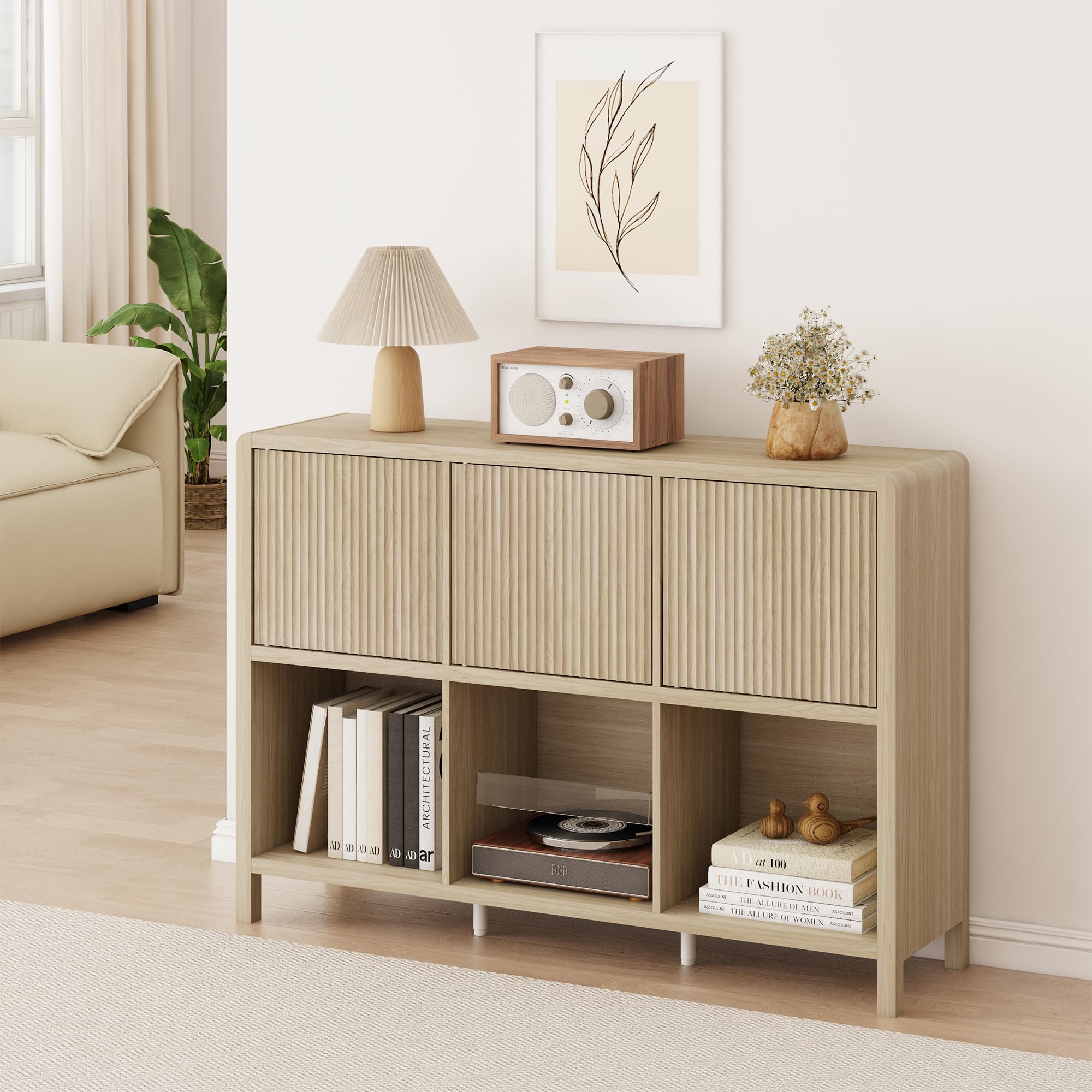 [en.casa] Sideboard Lukkodso Wohnzimmerschrank mit 3 Türen Push-to-Open Kommode mit 6 Fächern 77 x 110 x 30 cm Eicheoptik