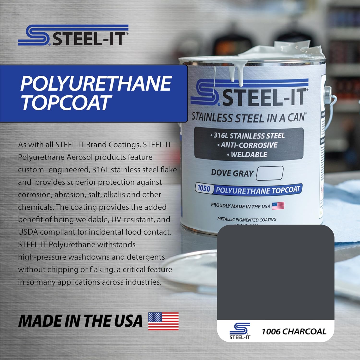 Steel-It 1006 Polyurethane Aerosol & Top Coat, Eight Cans of Sprayable Industrial Paint Coating, One Quart of Brush on Top Coat, Both Offering Superior Anticorrosion, In Charcoal