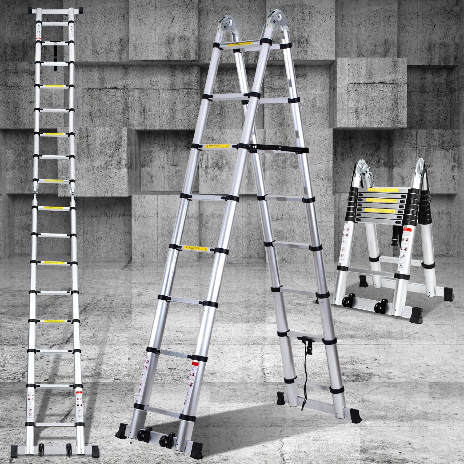 Eulenke Scala telescopica in alluminio 5 m / 2,5m + 2,5m, scala pieghevole con bilanciere e ruote, scala retrattile portata 150 kg, scala pieghevole salvaspazio, antiscivolo, argento