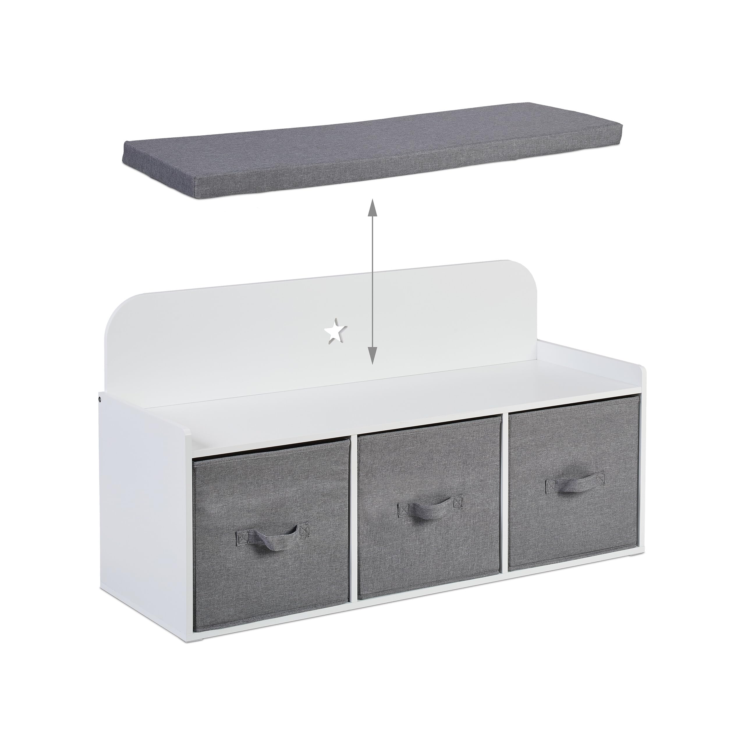 Relaxdays Banc avec Rangement pour Enfants, HxLxP : 54 x 99 x 35 cm, Chambre et Couloir, Banc rembourré, Blanc - Gris