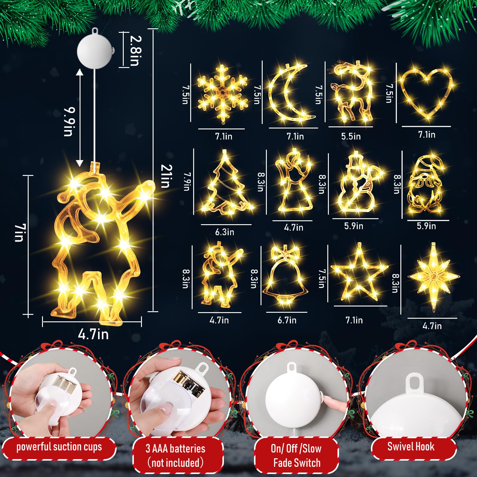 Tujoe 12 Stück Weihnachts-Fensterlichter, Dekorationen, beleuchtete Fenster-Silhouetten-Lichter mit Timer, Saugnapf, batteriebetrieben für Weihnachten, Neujahr, Zuhause, Wand, Kamin, Party-Dekoration