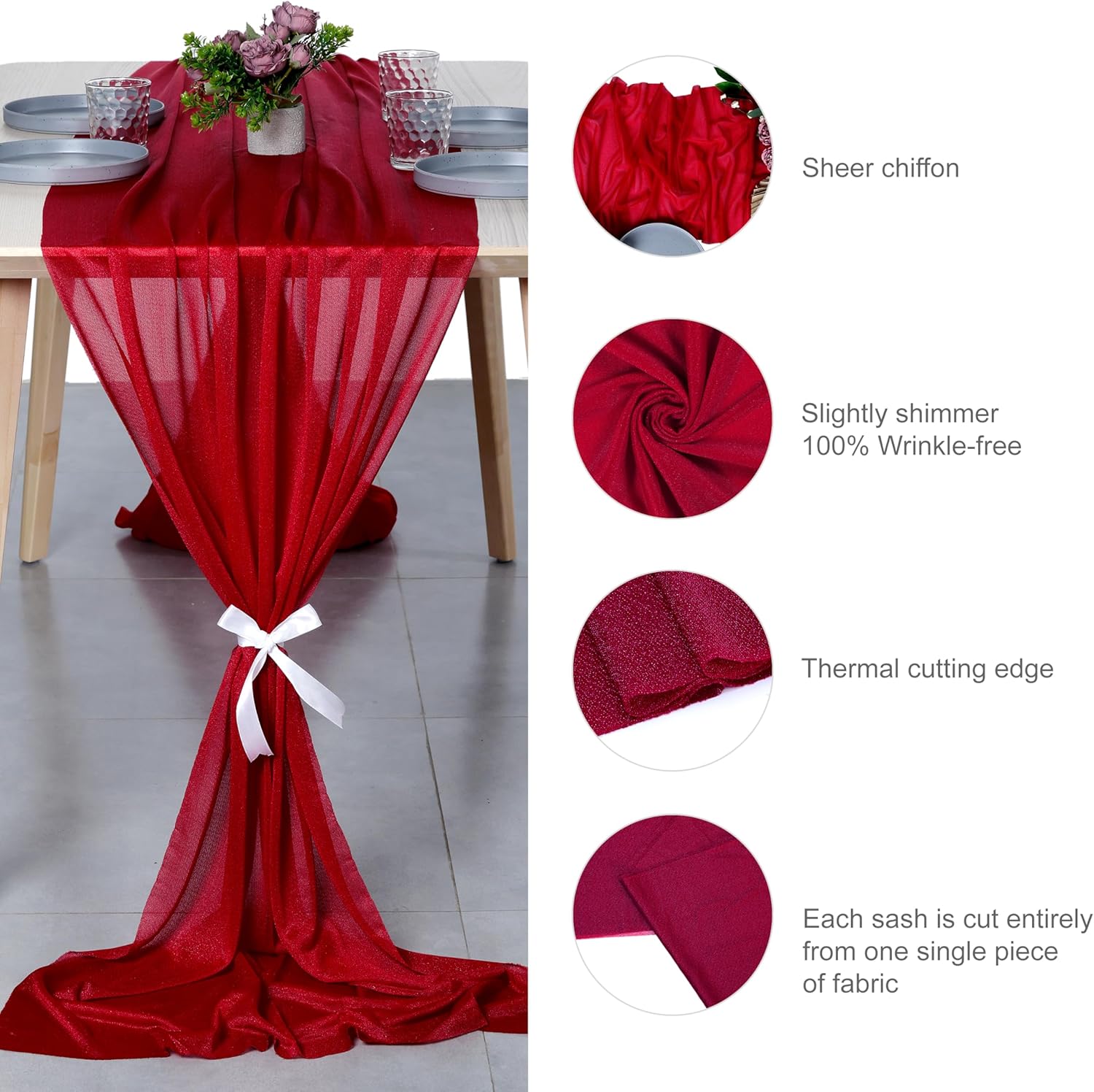 MDS 12 Pack 14ft Chiffon Table Runner 29 x170 Inches Sheer Wedding Runner Romantic Rustic Table Runner for Wedding Decorations, Birthday Parties, Bridal Shower Party Arch Decor - Apple red