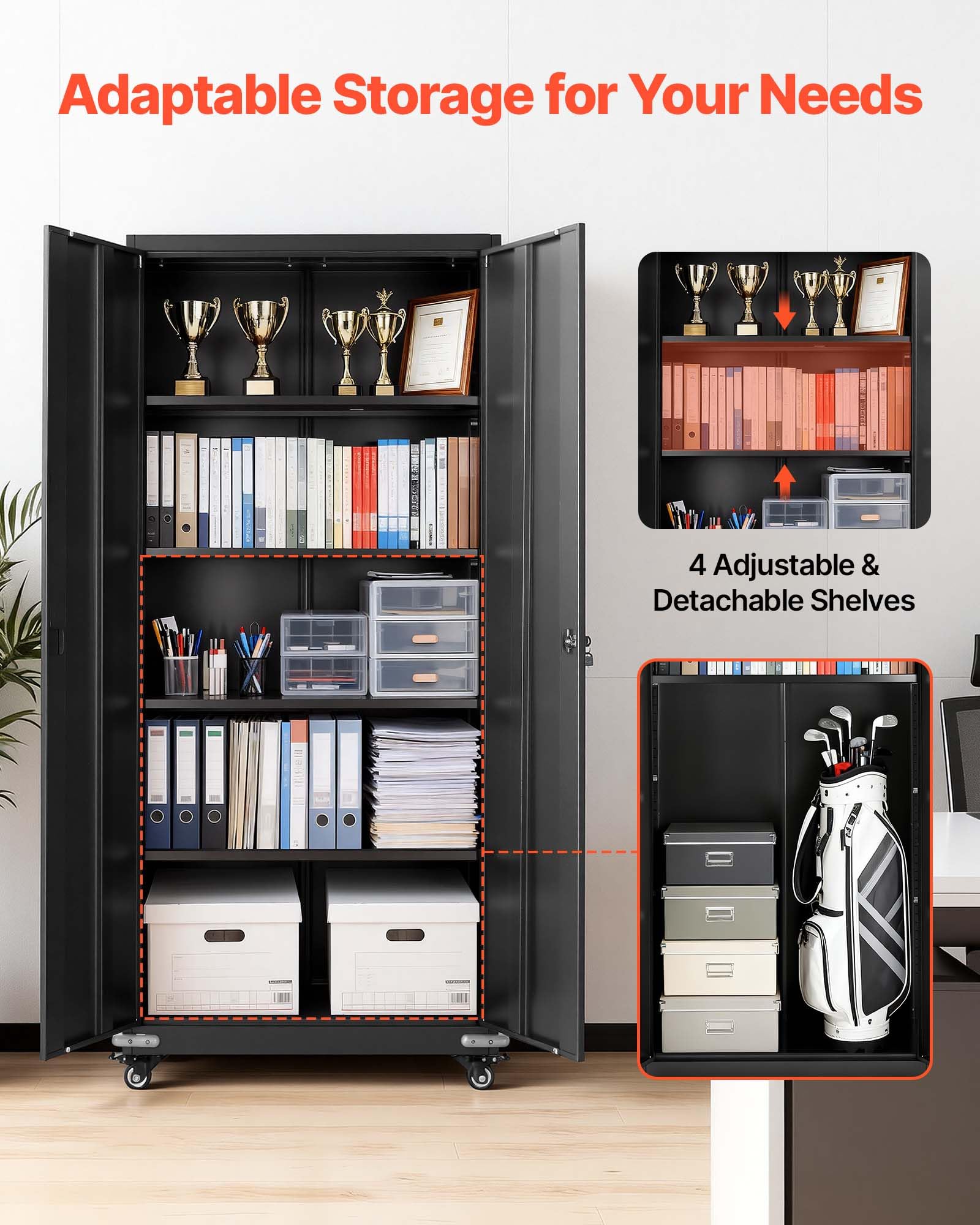 VEVOR Armoire Métallique 184,5 cm 5 Niveaux, Meuble de Rangement en Acier Verrouillable, pour Outils Atelier Bureau, sur roulettes, avec 4 Étagères Réglables, 2 Portes Magnétiques et 2 Clés, Noir