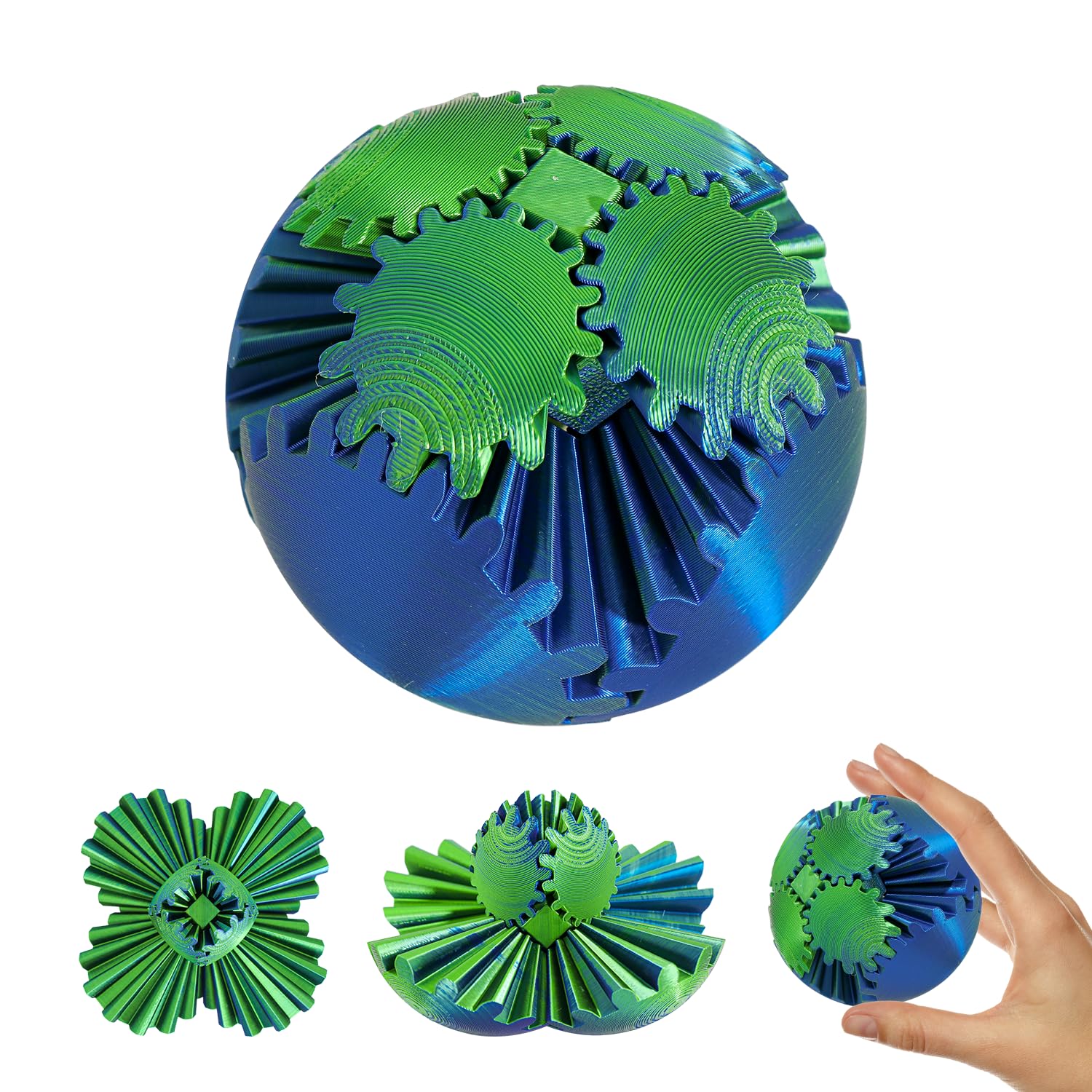 3D Printed Gear Ball Spin Ball，Gear Sphere, Gear Ball Fidget Toy, Stress Ball, GearSphere Desk Toy, Fidget Ball, Gear Toy for Stress and Anxiety Relaxing (Blue Green)