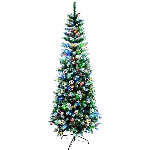 Prelit Artificial Pencil Christmas Tree, Flocked Spray White Skinny Trees with Pine Cone Decoration 6FT