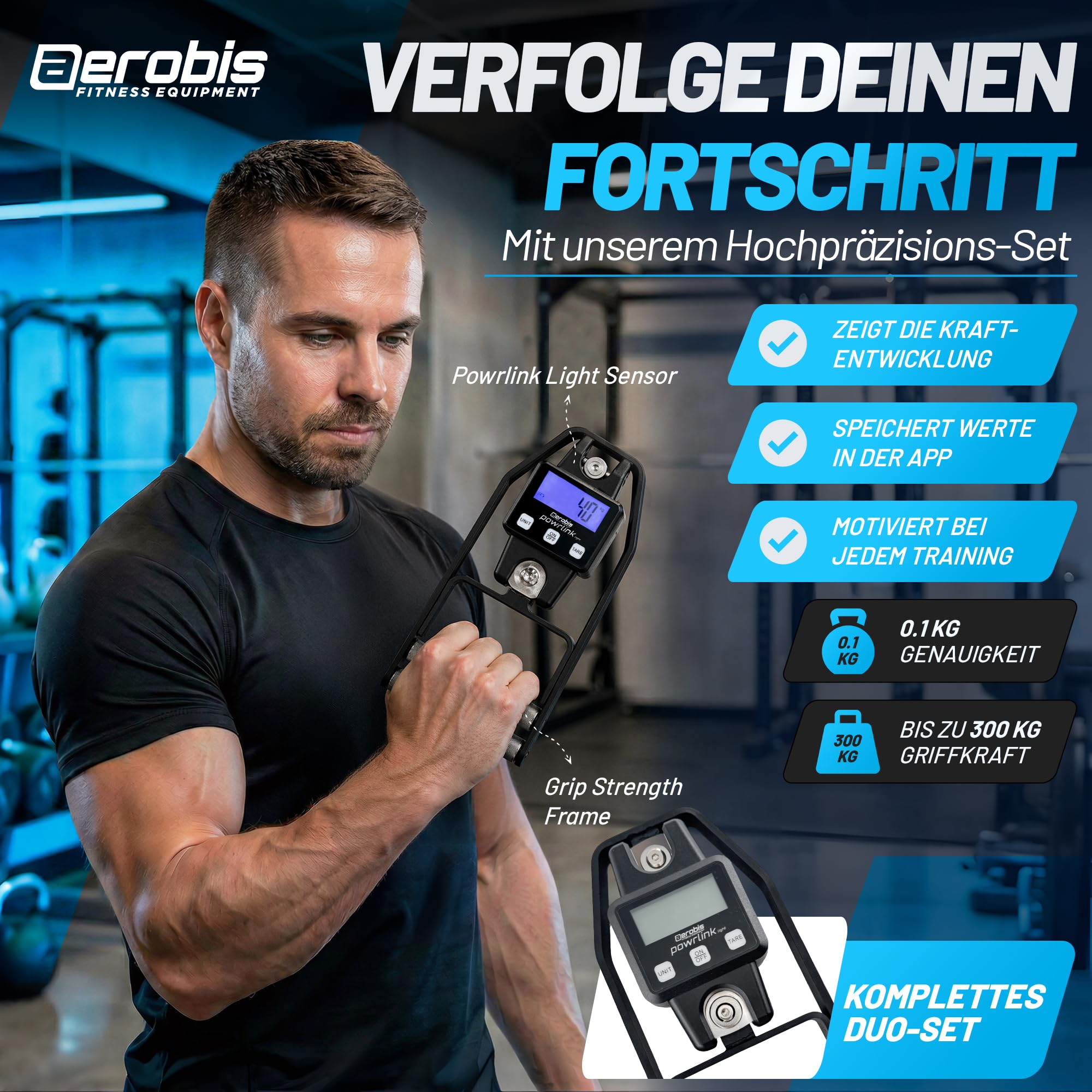 aerobis®  Powrlink  Griffkraftmesser - inkl. Live-Tracking App - hochpräziser Handdynamometer & Griffkraft‑Messgerät bis 300 kg - Digitale Griffkraftmessung für Sport, Fitness, Reha & Krafttraining