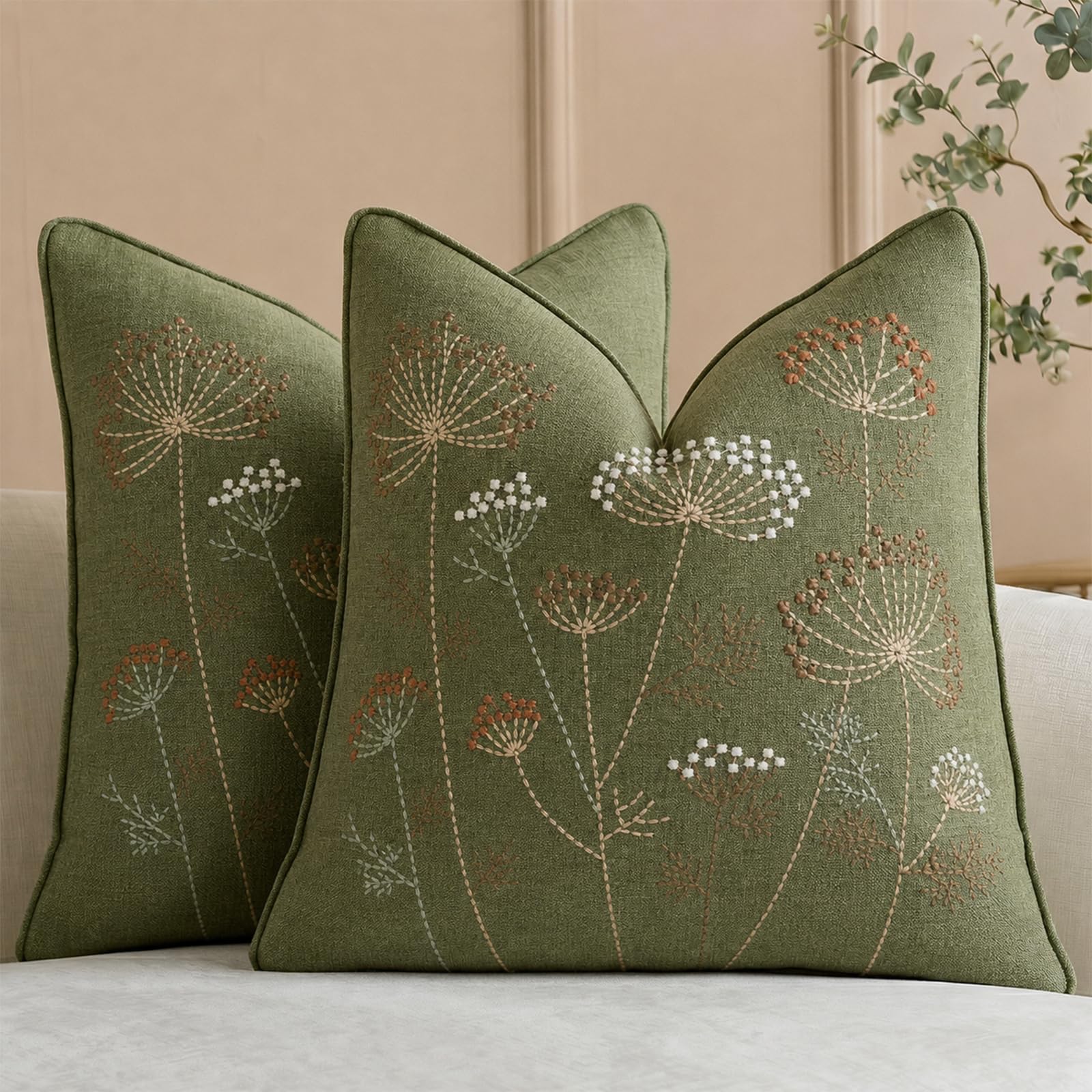 HOSTECCO Set of 2 Embroidered Cushion Covers 45x45 cm, Chenille Botanical Wildflower Decorative Square Scatter Cushions, Sage Green Pillow Cases for Sofa Bed Farmhouse Decor