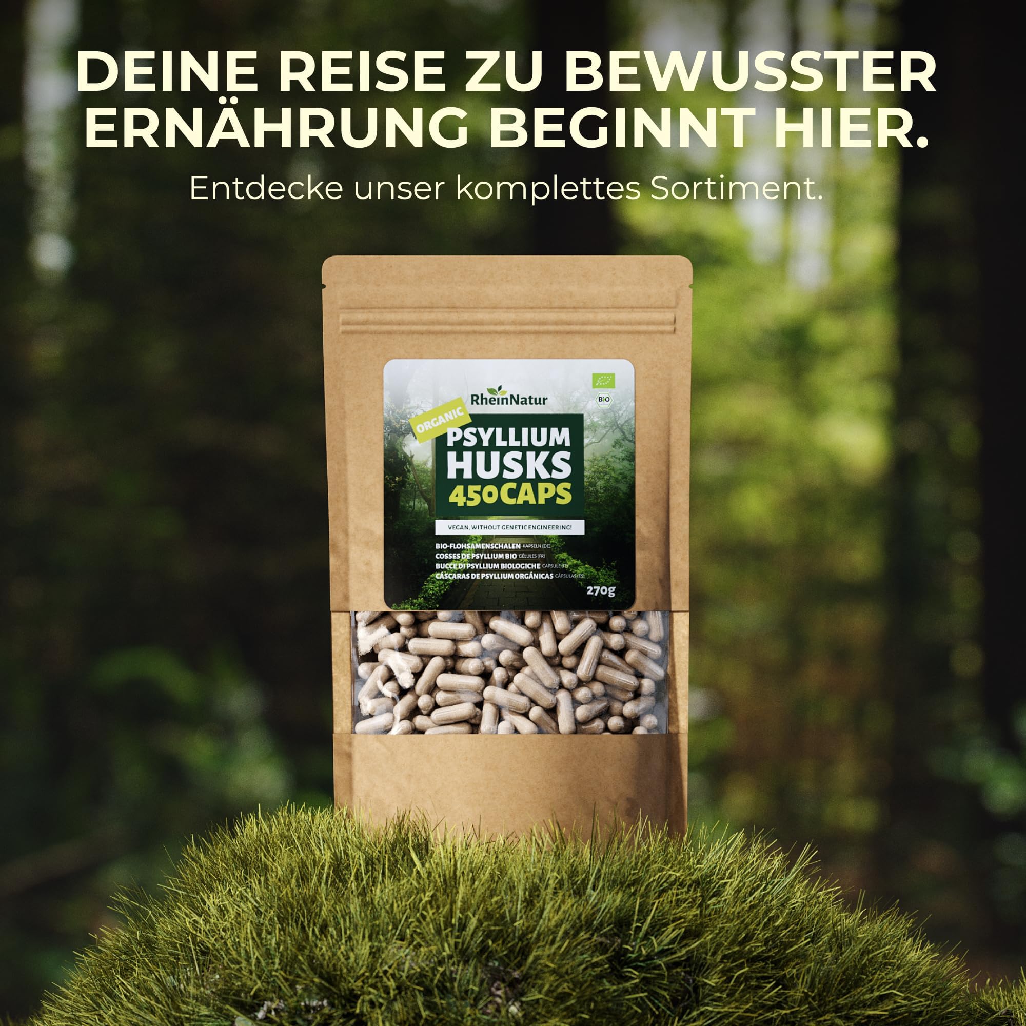 RheinNatur Bio Flohsamenschalen Kapseln - 450 Stk hochdosiert (3.000 mg je Portion) - Hergestellt in DE - Psyllium Husk Ballaststoffe – Flohsamen Kapseln