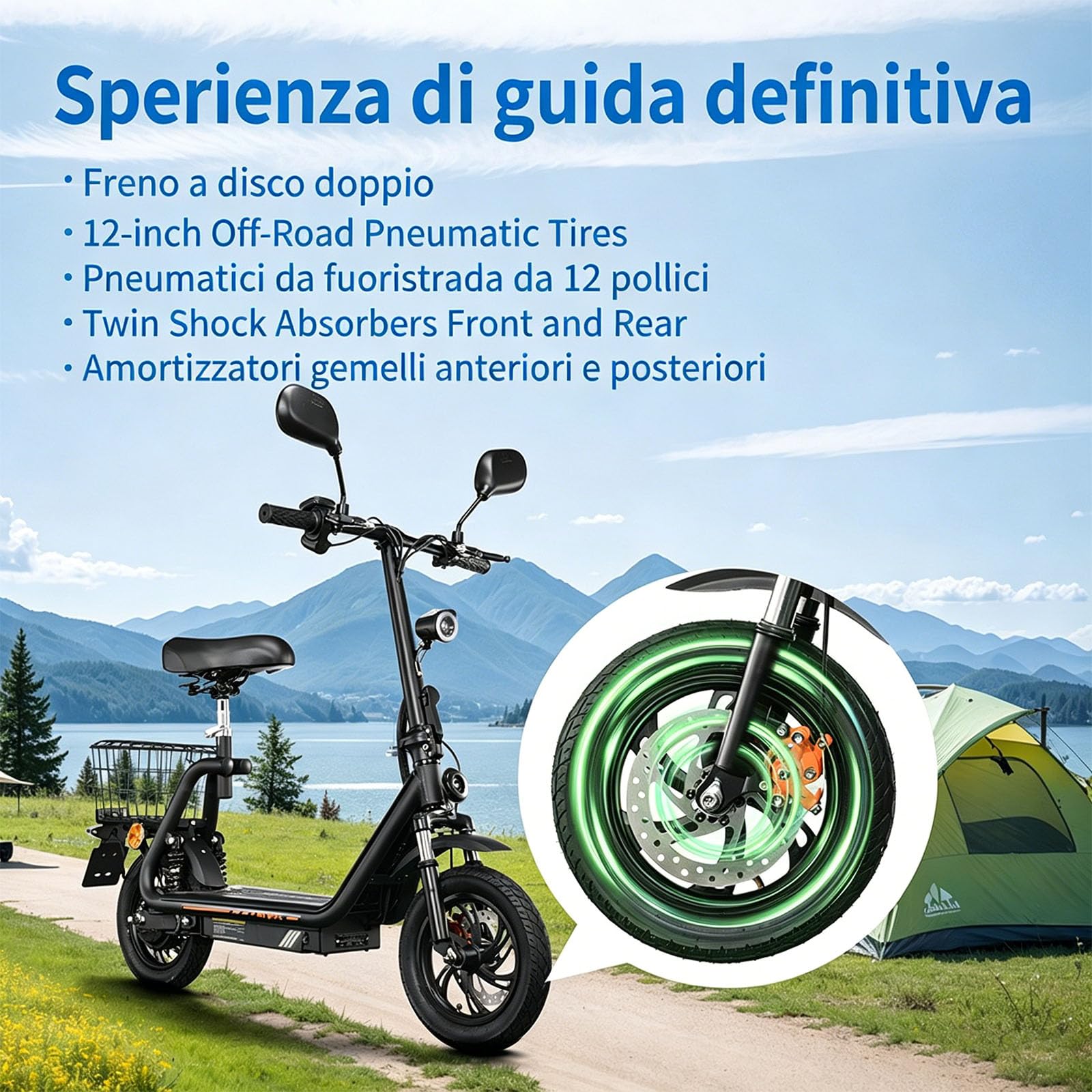 Monopattino Elettrico Pieghevole per Adulti, Limite Di Velocità Sbloccabile (3 Modalità Di Velocità), Batteria Da 48 V 13 Ah, Display, Specchietti Retrovisori, Pneumatici Da 12 Pollici