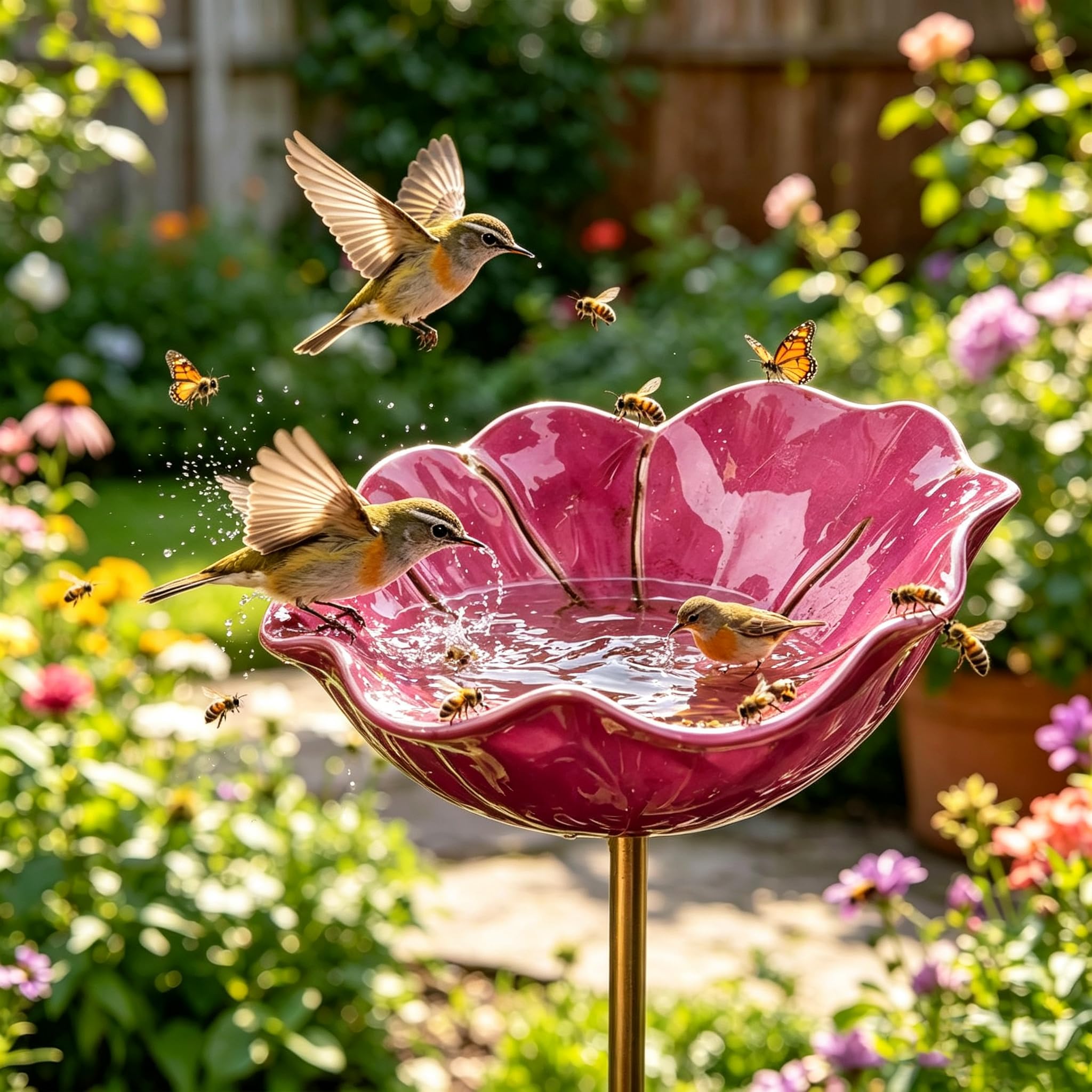 Metal Bird Bath for Garden Handmade Flower Shaped Feeder Bee Bath (W:15cm,H:60cm,1pcs,Rose Red)