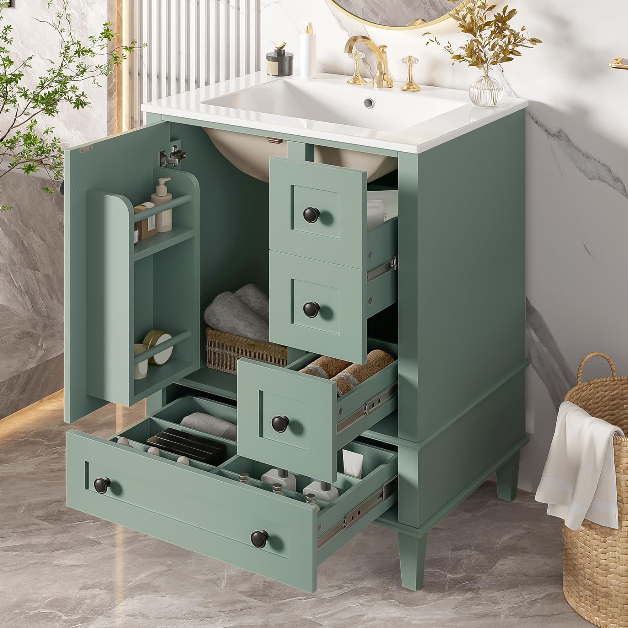 Photo 1 of **Missing a lot pieces**Merax 24" Bathroom Vanity with Integrated Ceramic Sink, Door-Mounted Double-Layer Shelf, Soft-Close Drawers & Cabinet, Black Zinc Handles, Compact Single Vanity for Bathroom, Light Green