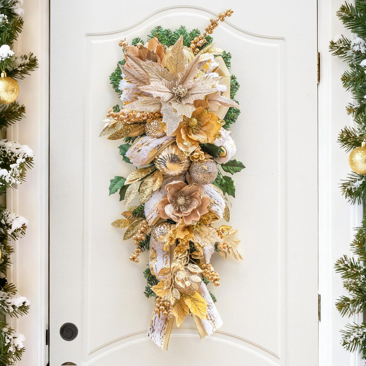 Pinkpuii 32" Christmas Swags with Lights– Large Gold Holiday Christmas Teardrop Swag Wreath with Velvet Ribbon Bow,Ball Ornaments,Flowers & Pine Needles for Front Door Fireplace Porch,Wall Decor