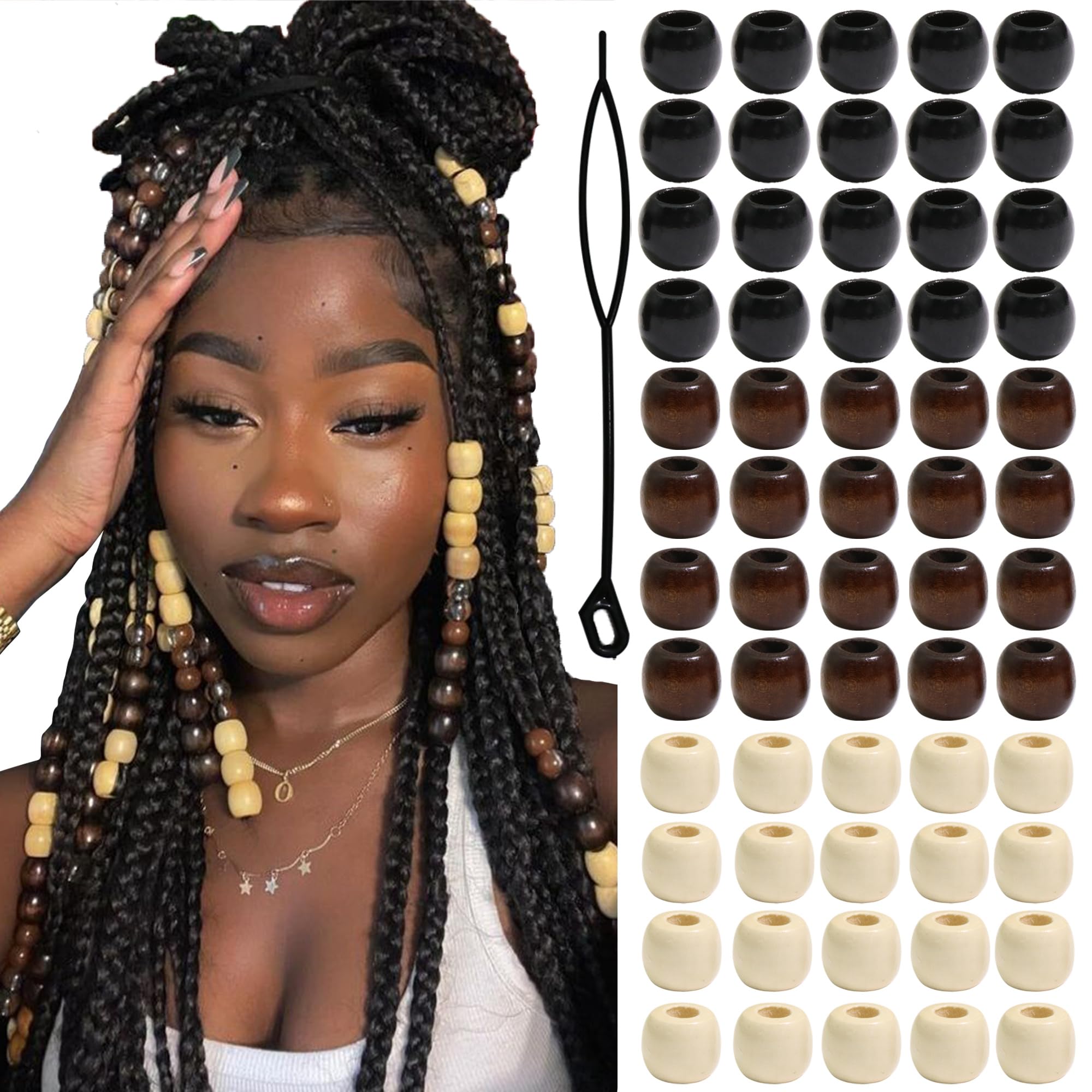60 cuentas de madera para trenzas, cuentas de tubo largo para cabello, cuentas de madera, accesorios de rastas, cuentas multiforma, decoración del cabello para mujeres y hombres