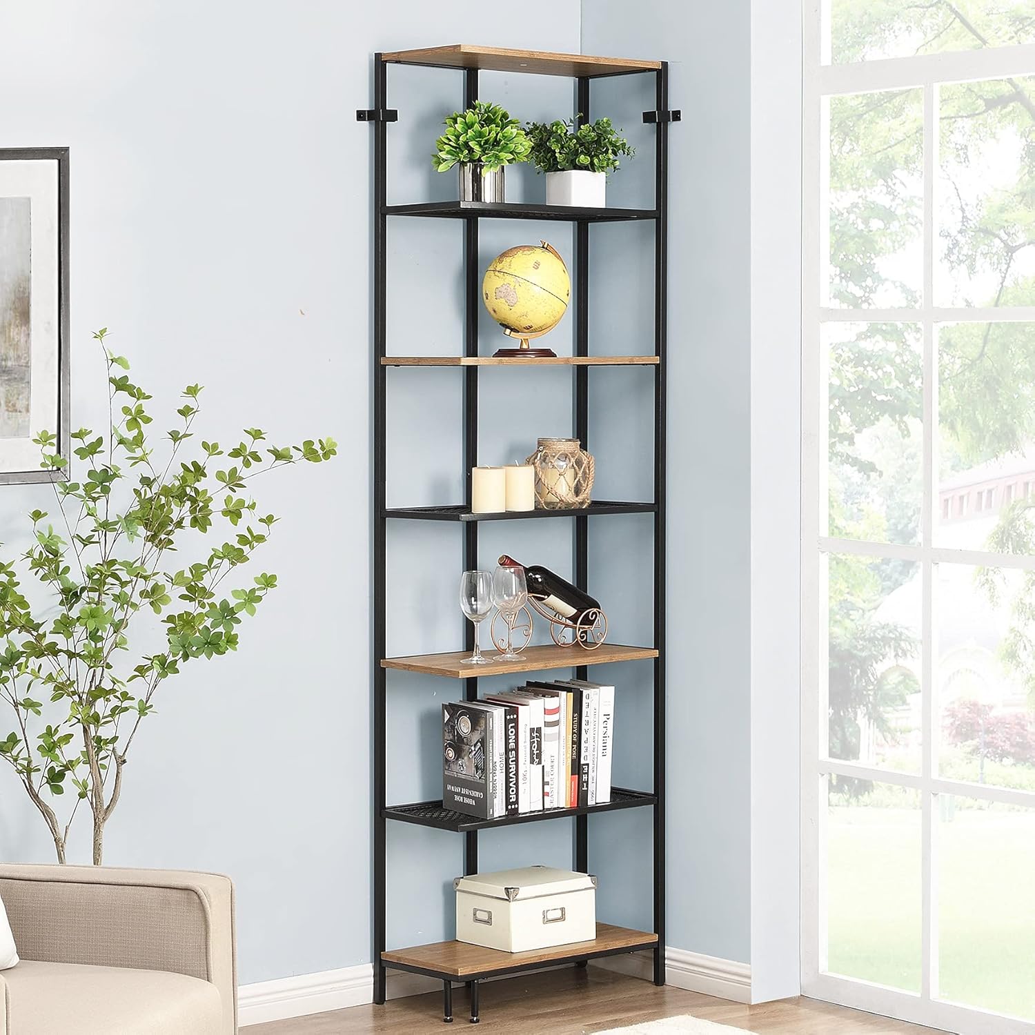 Buy O&K FURNITURE 7 Tier Tall Coner Shelf, Industrial Corner Bookshelf and Bookcase for Small