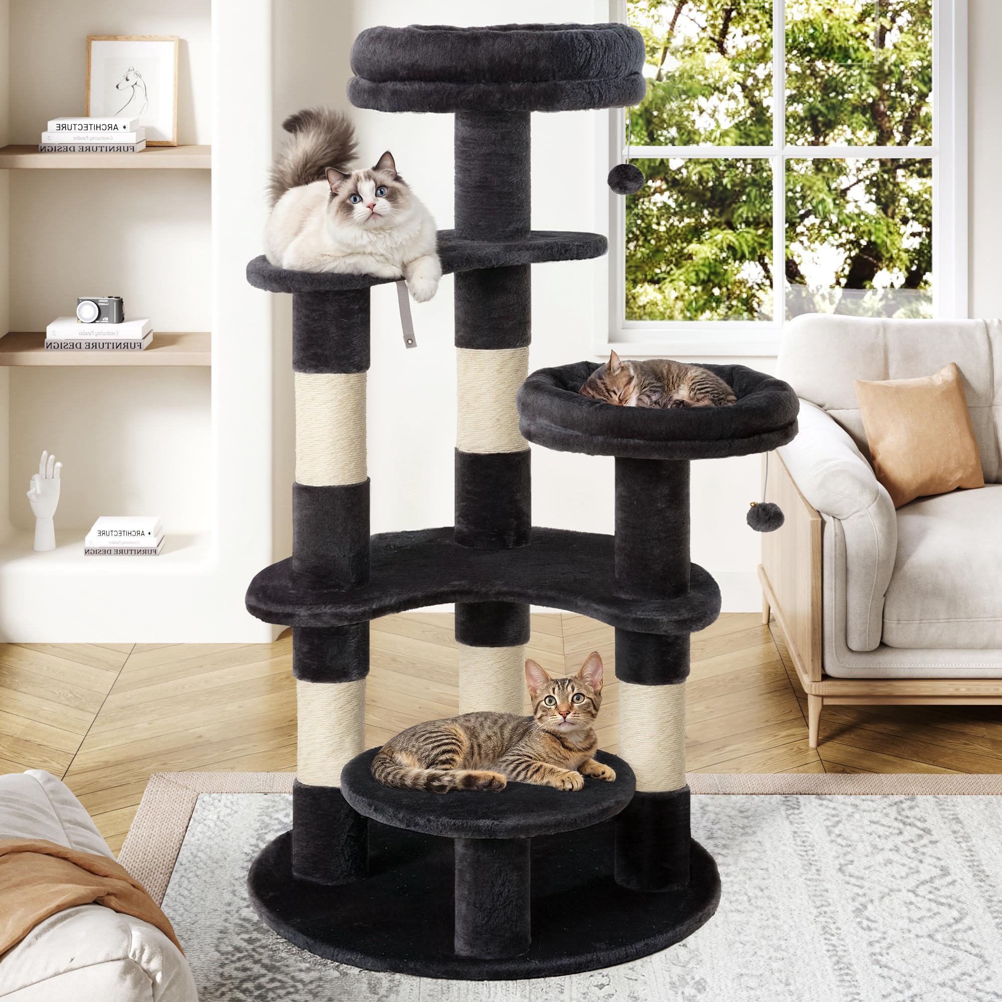 Allewie 55.5 in Cat Tree for Indoor Kitties/Soft Plush Perches/Multi-Level Cat Tower/Sisal Scratching Posts/Crescent Plates/Round Jumping Board/