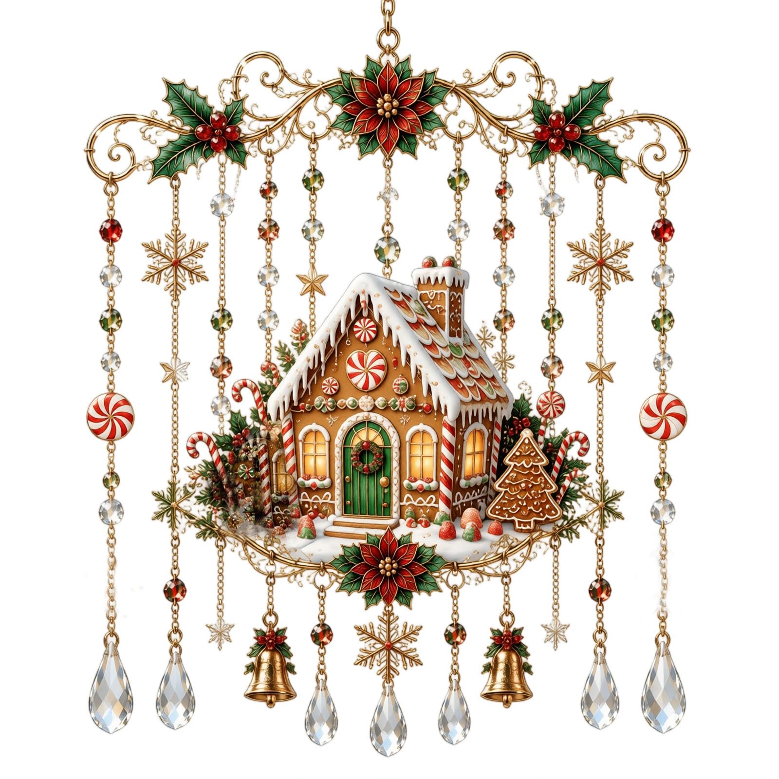 Handmade Christmas Window Hanging, 3D Sparkling Christmas Stained Glass Style Sun Catcher, Santa Reindeer Holiday Wind Chime with Crystal Drops, Festive Holiday Ornament Decor for Home Tree (#E)