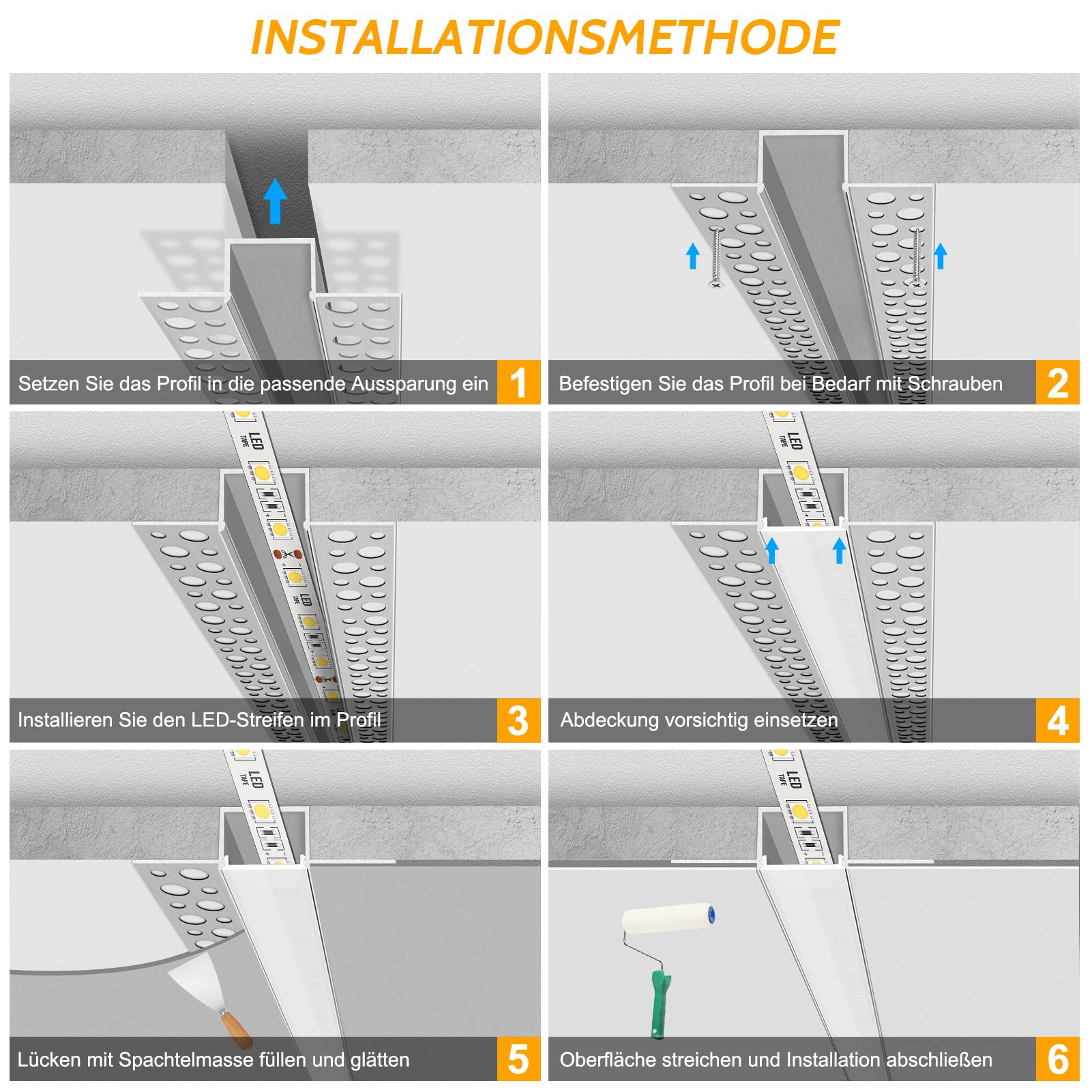 LEDLightsWorld Putz Aluminium LED Profil für 20mm LED Streifen, 4er Set 3,3 ft/1 m mit Milchiger Abdeckung, Trimless Putzkanal Trockenbauprofi für Decke und Wand
