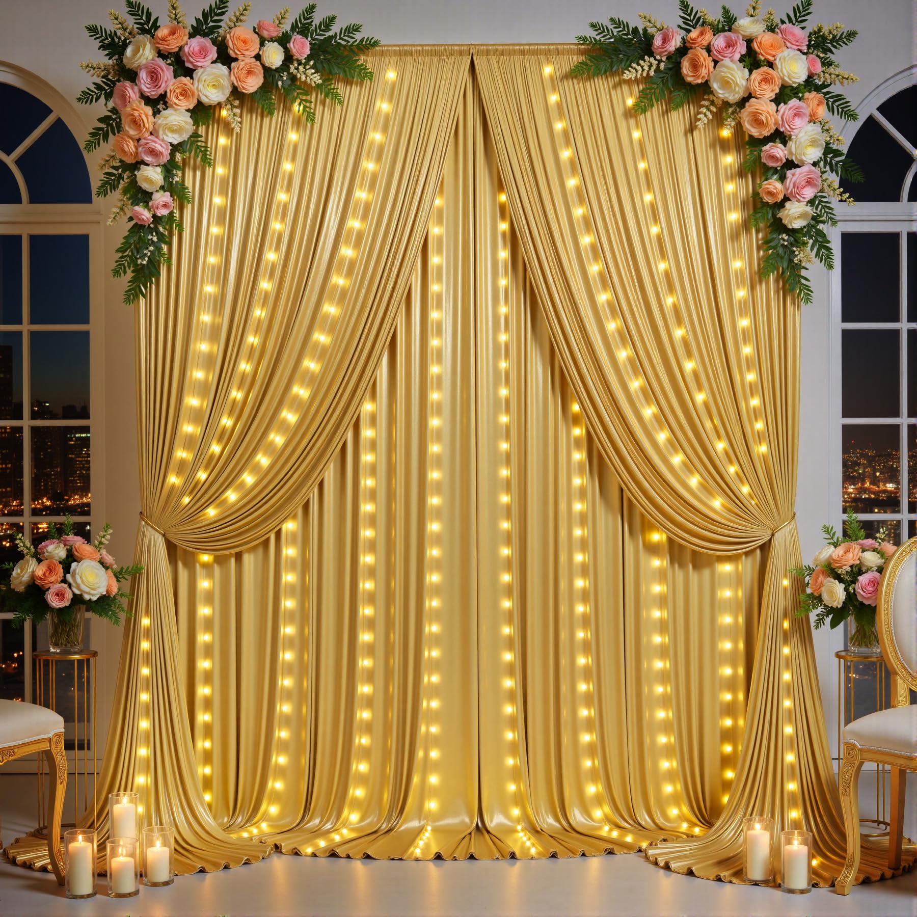 Outpain Rideaux de fond à paillettes dorées avec lumière – Toile de fond dorée éclairée avec paillettes qui ne tombent pas, rideaux infroissables pour mariage/Noël/studio (1,5 x 3 m, 4 panneaux)