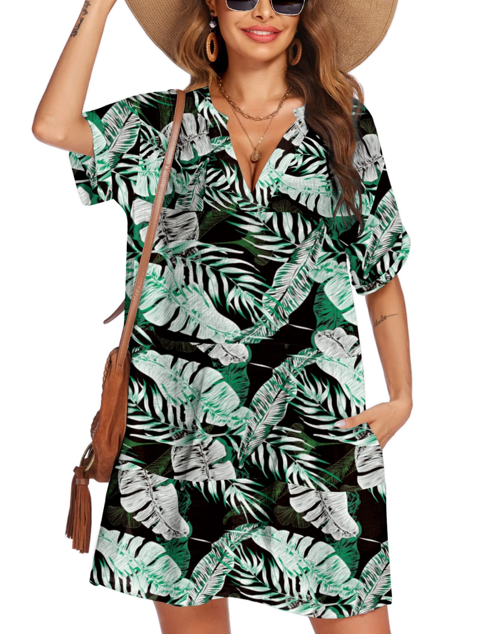 AI'MAGE Mujer Manga Corta Traje de baño Cubrir Vestido de Playa con Bolsillo Casual Bikini Cover Up S-XXL